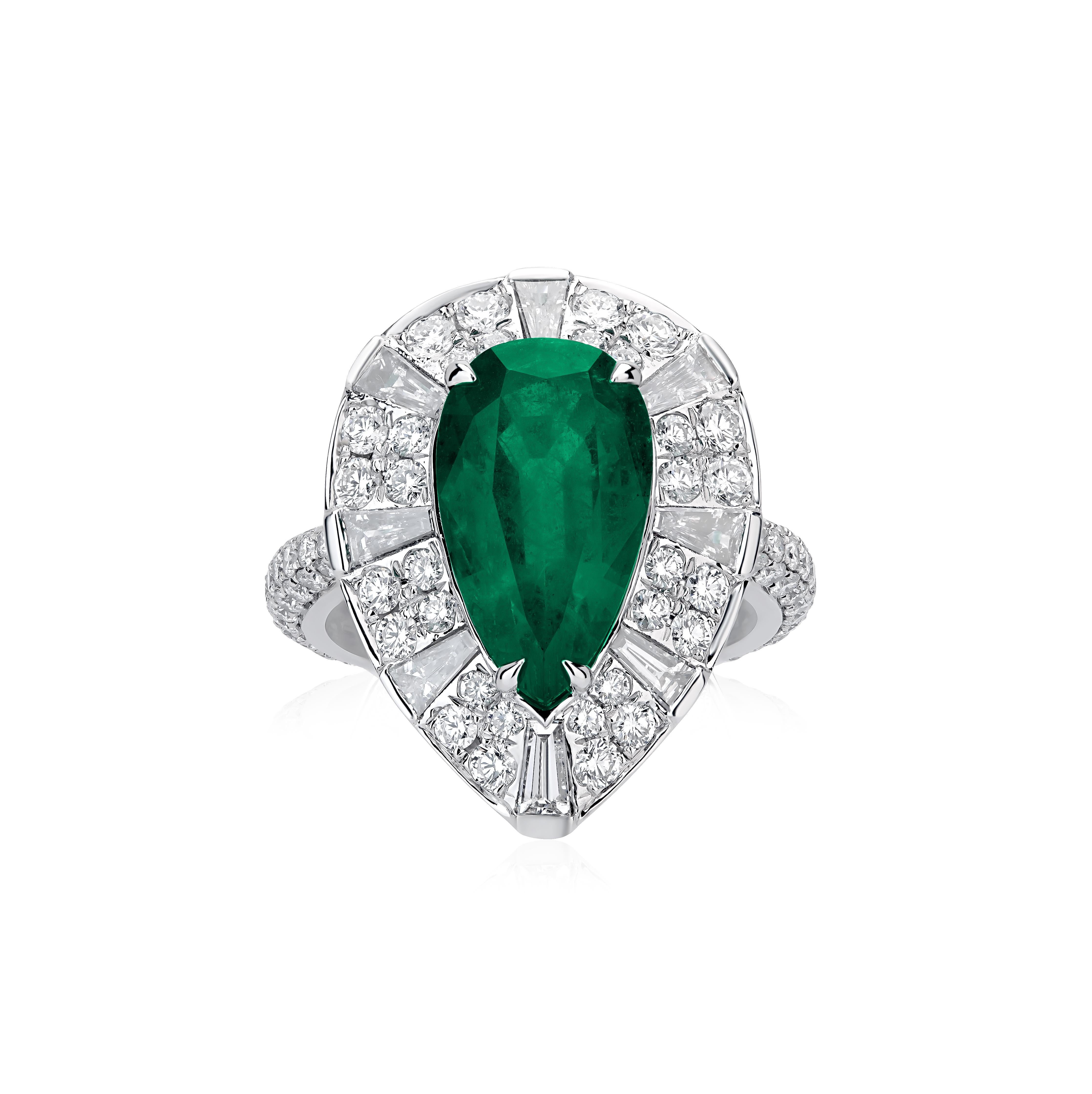 Contemporary Nigaam 4.94 Cts. Pear Emerald & 2.08 Cts Diamond Cocktail Ring in 18k White Gold