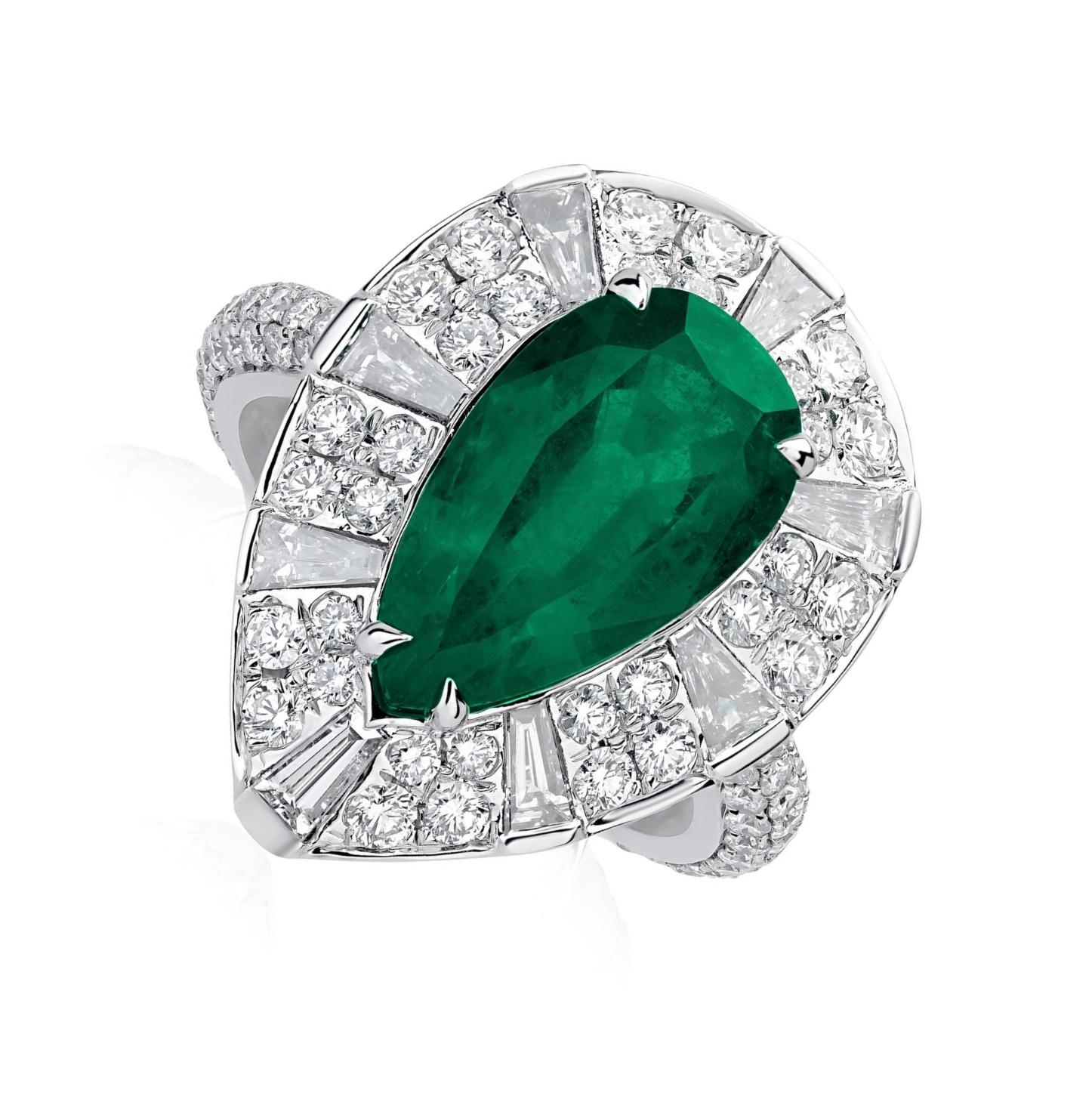 Pear Cut Nigaam 4.94 Cts. Pear Emerald & 2.08 Cts Diamond Cocktail Ring in 18k White Gold