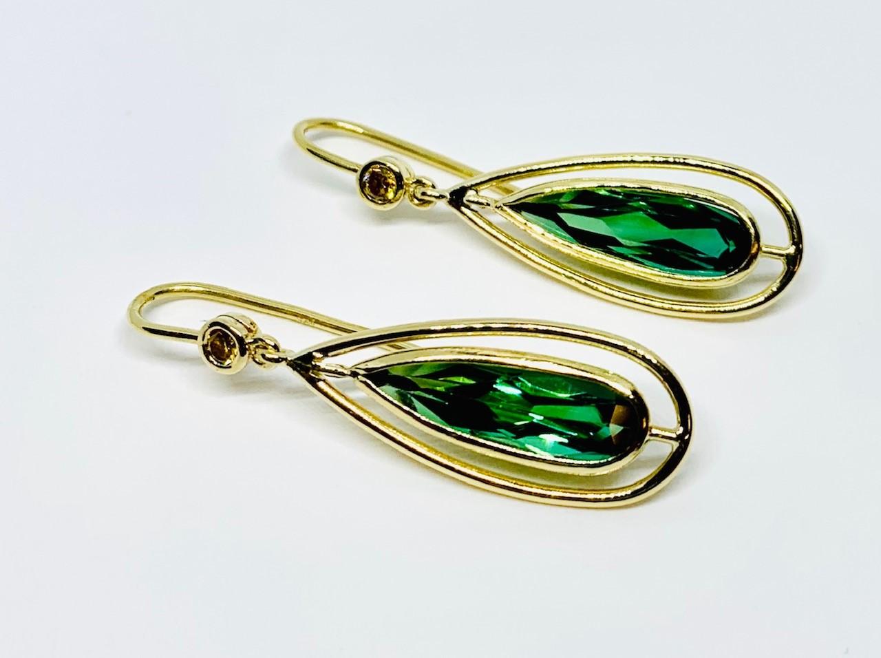 Pear Cut  Green Tourmaline and Yellow Sapphire Dangle Earrings with Yellow Gold Halos For Sale
