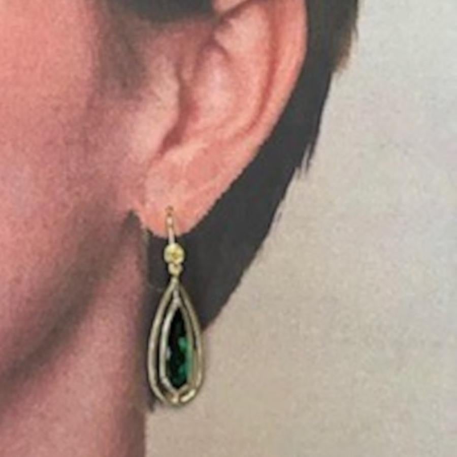 Green Tourmaline and Yellow Sapphire Dangle Earrings with Yellow Gold Halos For Sale 2