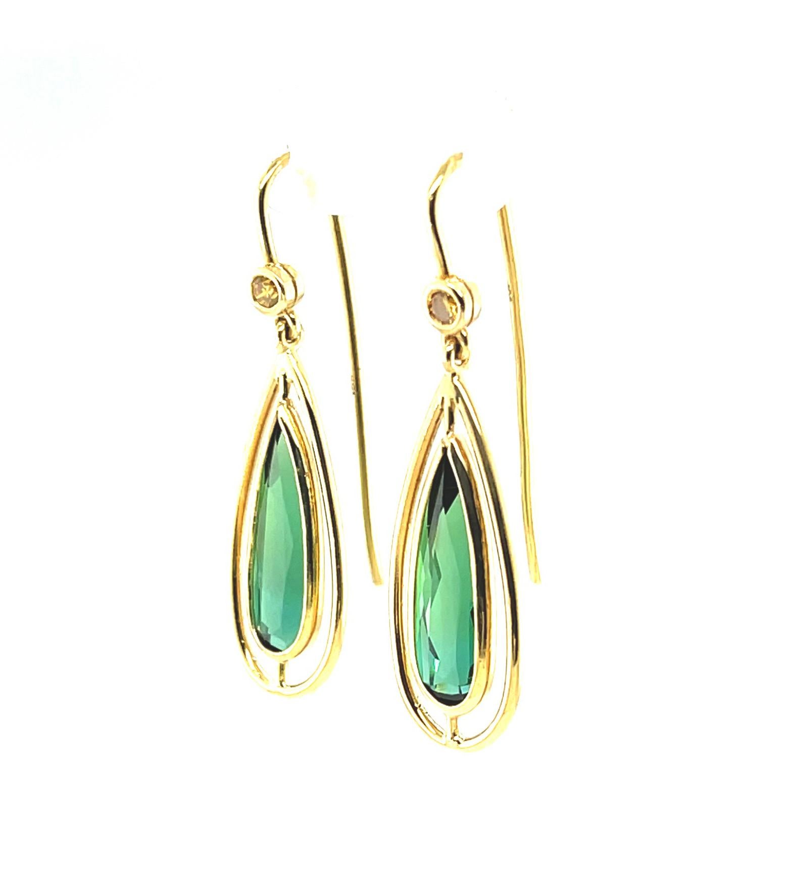 Women's or Men's  Green Tourmaline and Yellow Sapphire Dangle Earrings with Yellow Gold Halos For Sale
