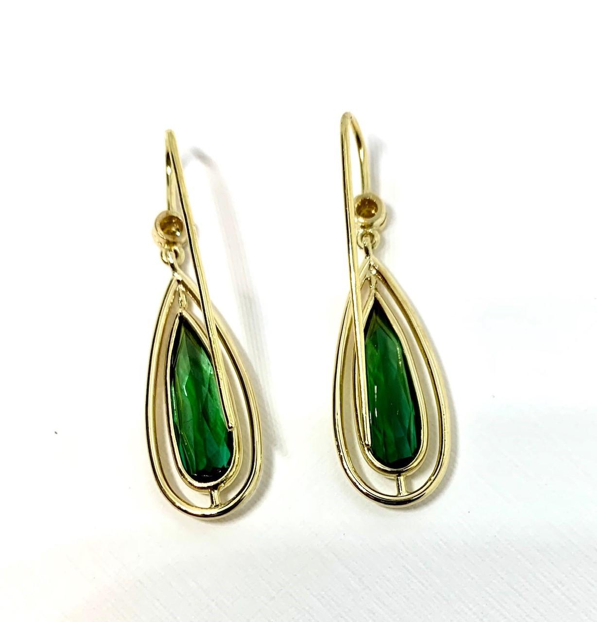  Green Tourmaline and Yellow Sapphire Dangle Earrings with Yellow Gold Halos In New Condition For Sale In Los Angeles, CA
