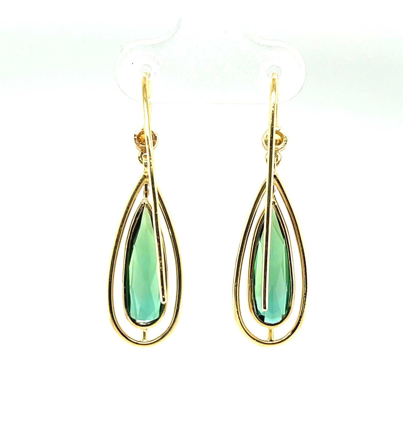  Green Tourmaline and Yellow Sapphire Dangle Earrings with Yellow Gold Halos For Sale 1