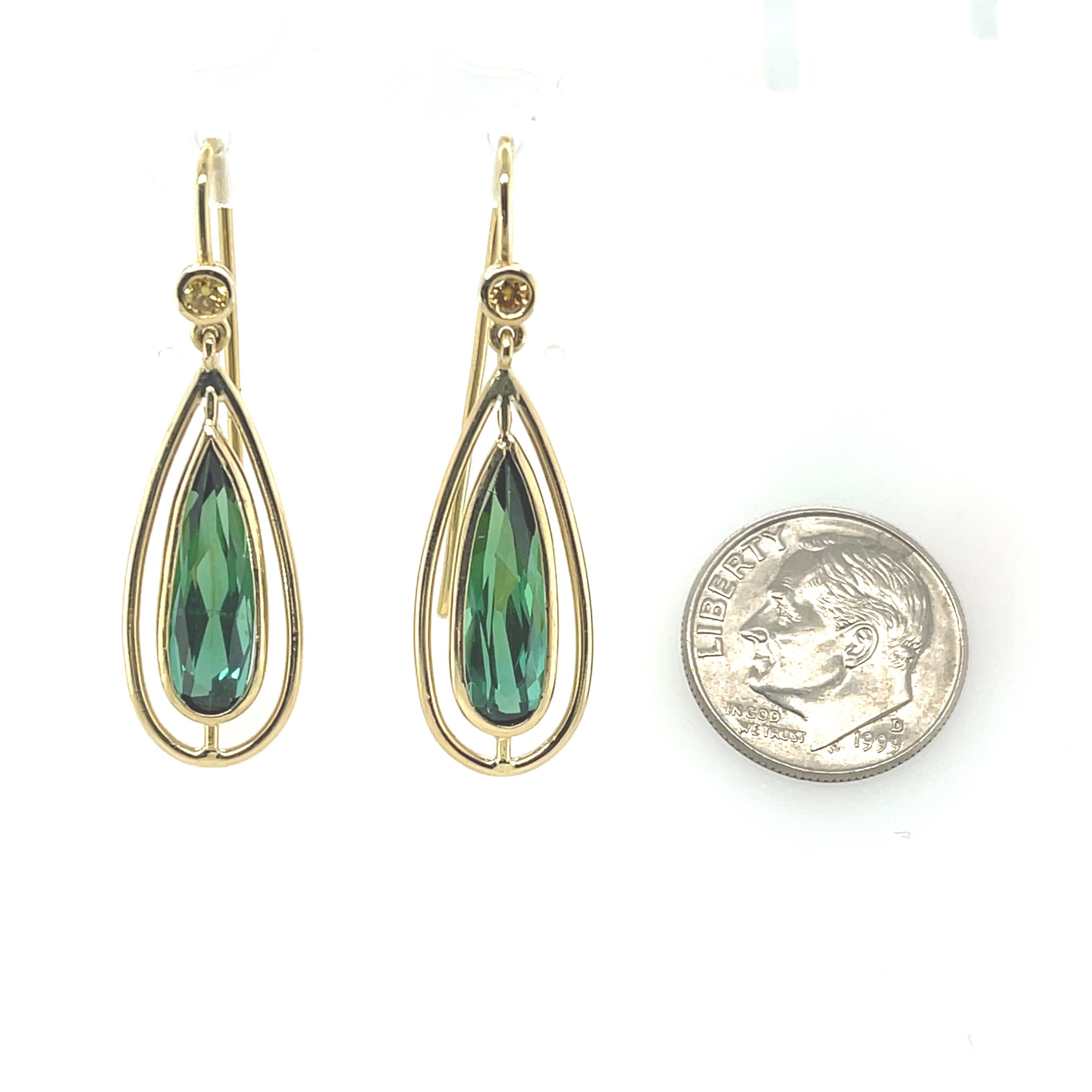 Green Tourmaline and Yellow Sapphire Dangle Earrings with Yellow Gold Halos For Sale 1