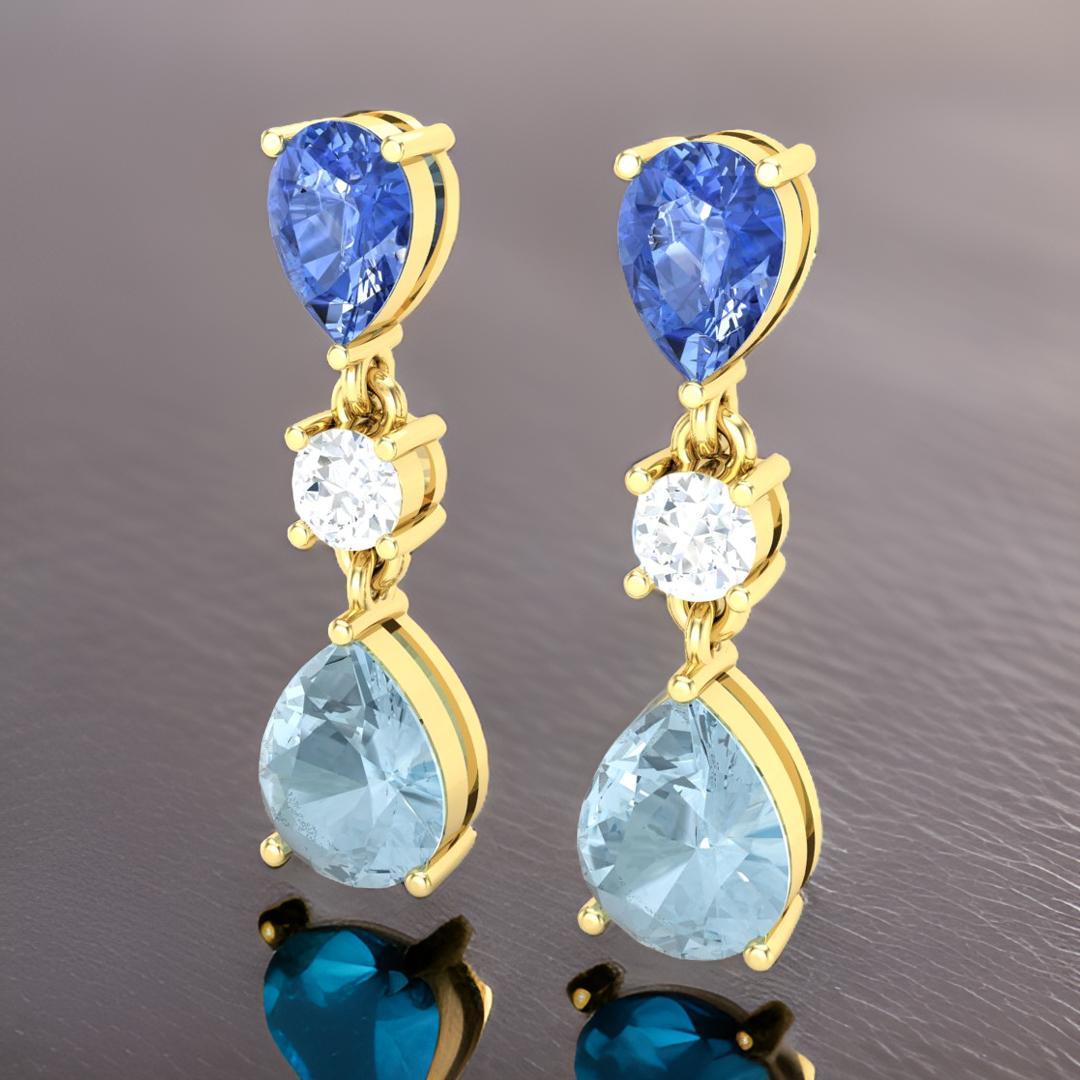 Pear Cut 4.94 Cts Natural Tanzanite With Aquamarine Drop Dangle Silver Earrings Jewelry For Sale