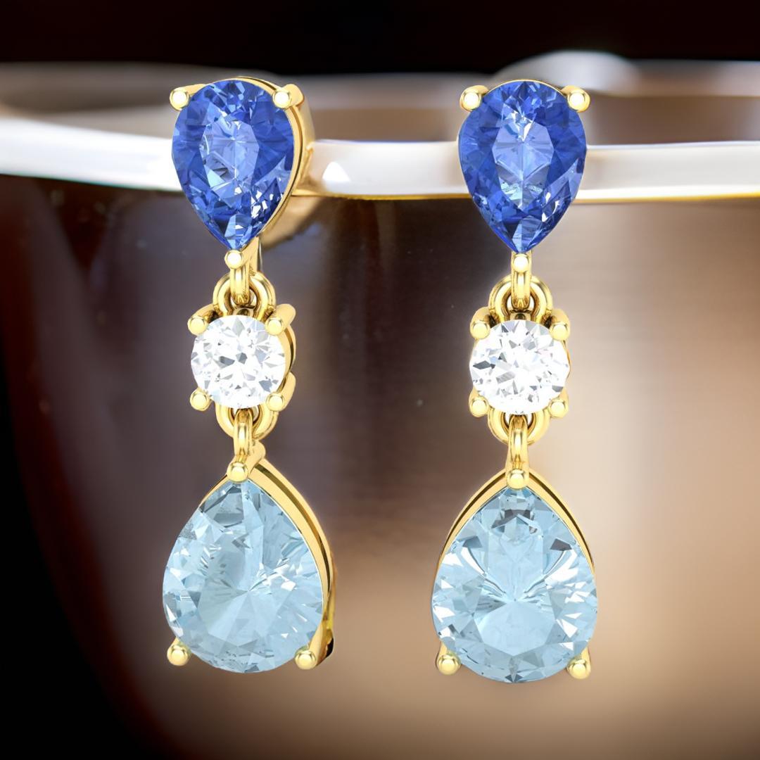 4.94 Cts Natural Tanzanite With Aquamarine Drop Dangle Silver Earrings Jewelry In New Condition For Sale In New York, NY