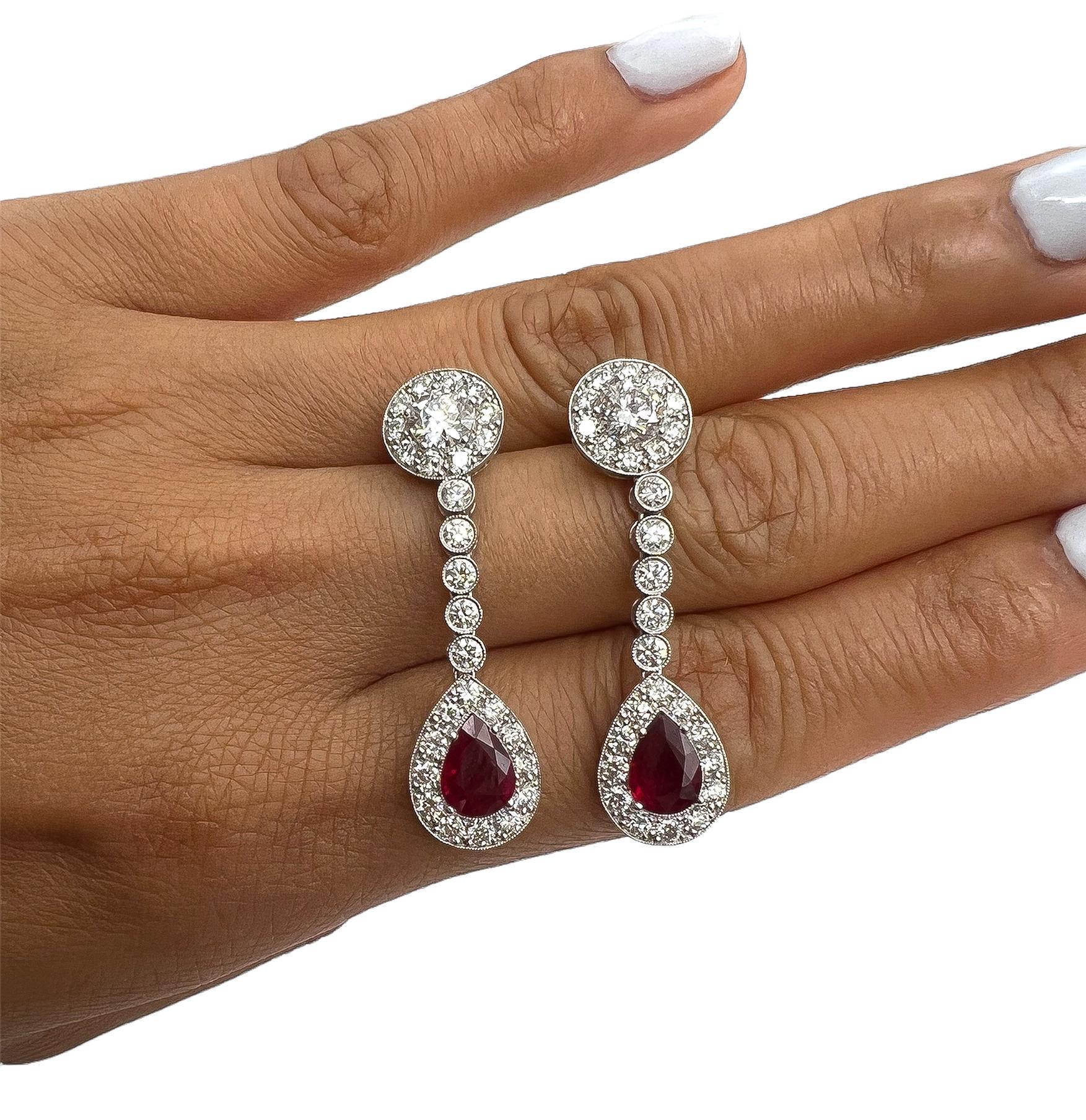 Women's or Men's 4.94 Total Carat Ruby and Diamond Drop Earrings in Platinum For Sale