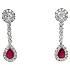 4.94 Total Carat Ruby and Diamond Drop Earrings in Platinum