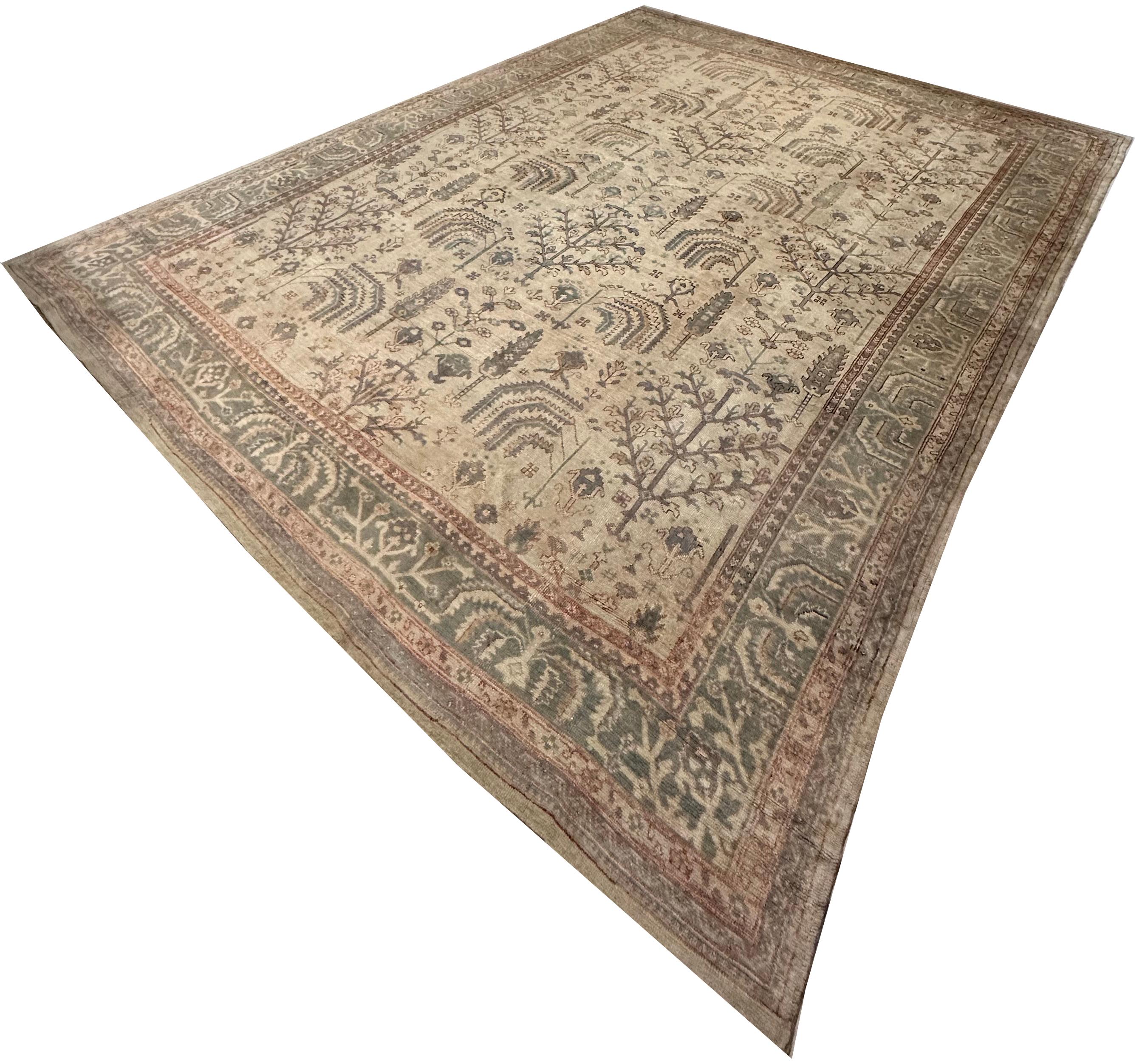 Oushak rugs, also known as Ushak rugs, are woven in Western Turkey and have distinct designs, such as angular large-scale floral patterns. They usually evoke a calmness and peacefulness in a room. To this day, production of Oushak rugs continues