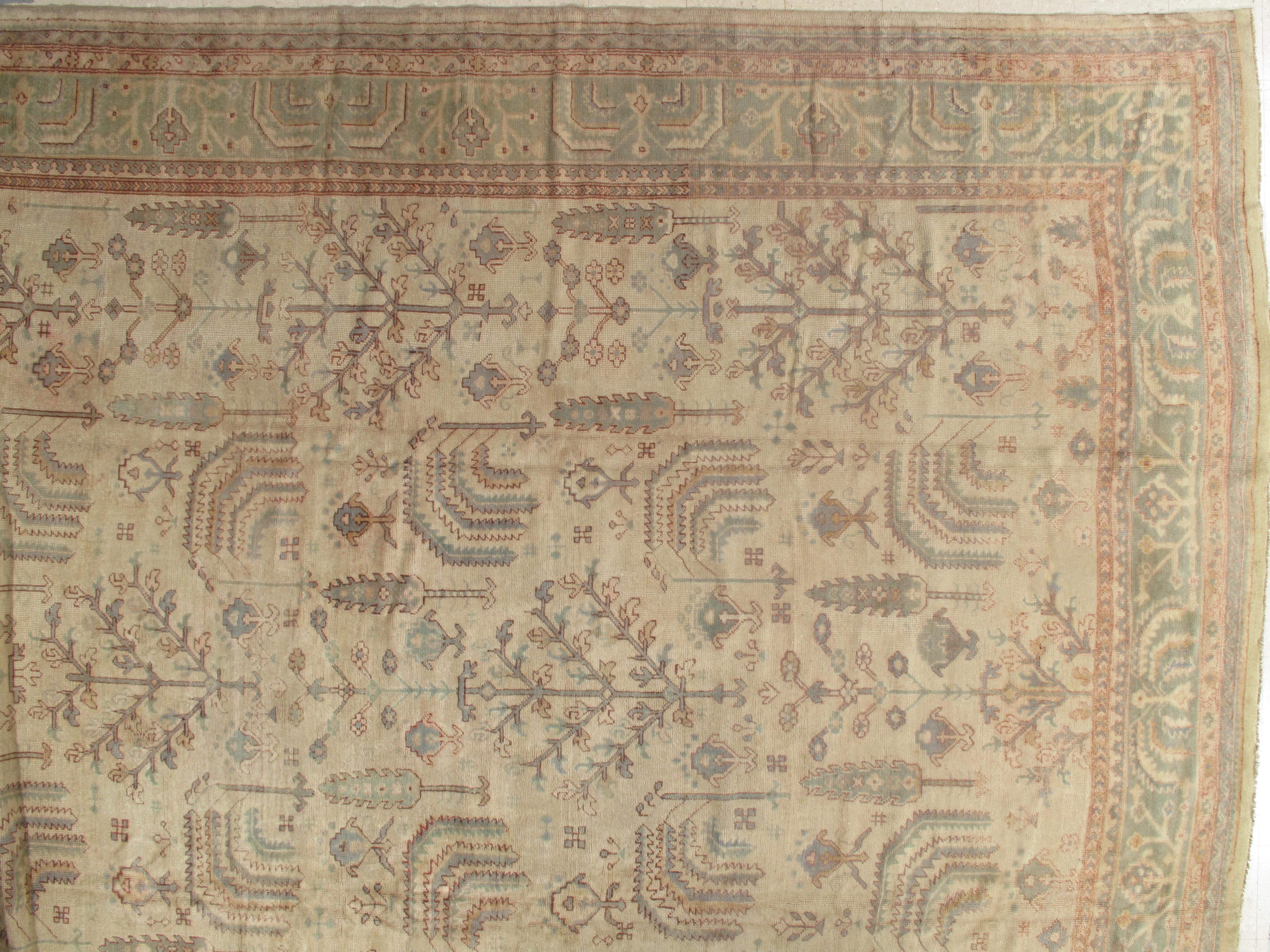 Turkish Antique Oushak Carpet, Handmade Oriental Rug Soft Taupe, Green, Beige, Pale Blue For Sale