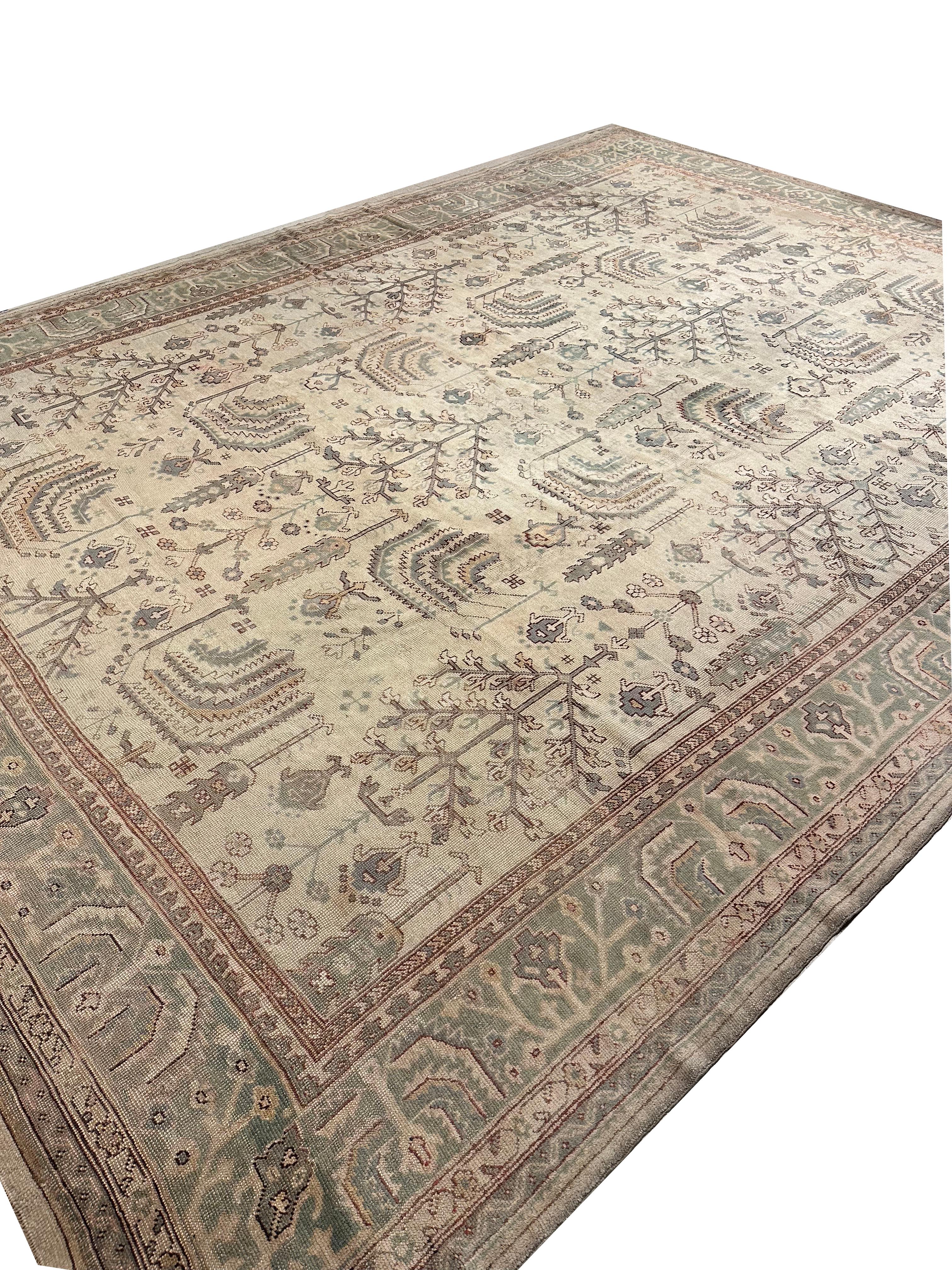 Antique Oushak Carpet, Handmade Oriental Rug Soft Taupe, Green, Beige, Pale Blue In Excellent Condition For Sale In Port Washington, NY