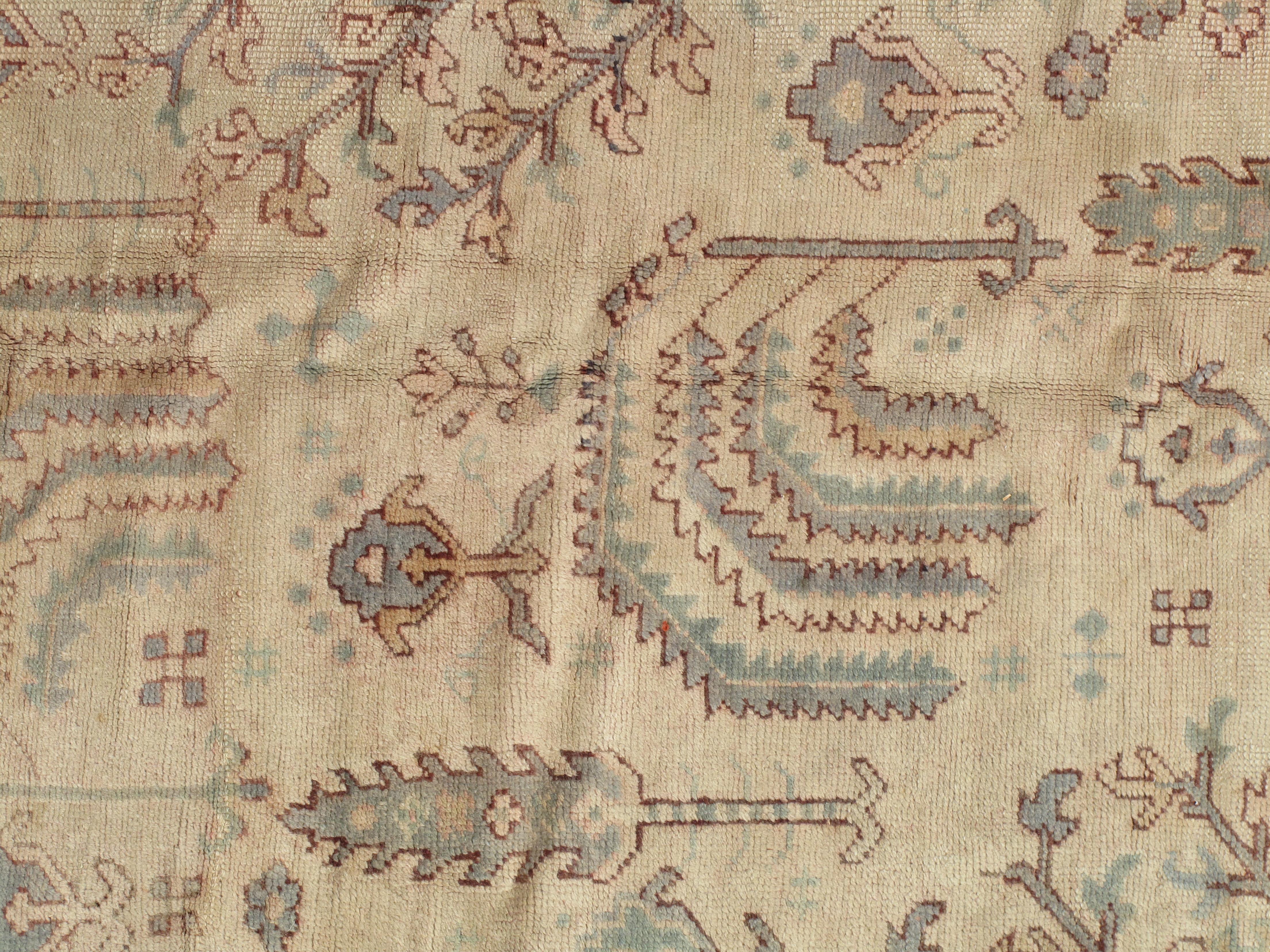 19th Century Antique Oushak Carpet, Handmade Oriental Rug Soft Taupe, Green, Beige, Pale Blue For Sale