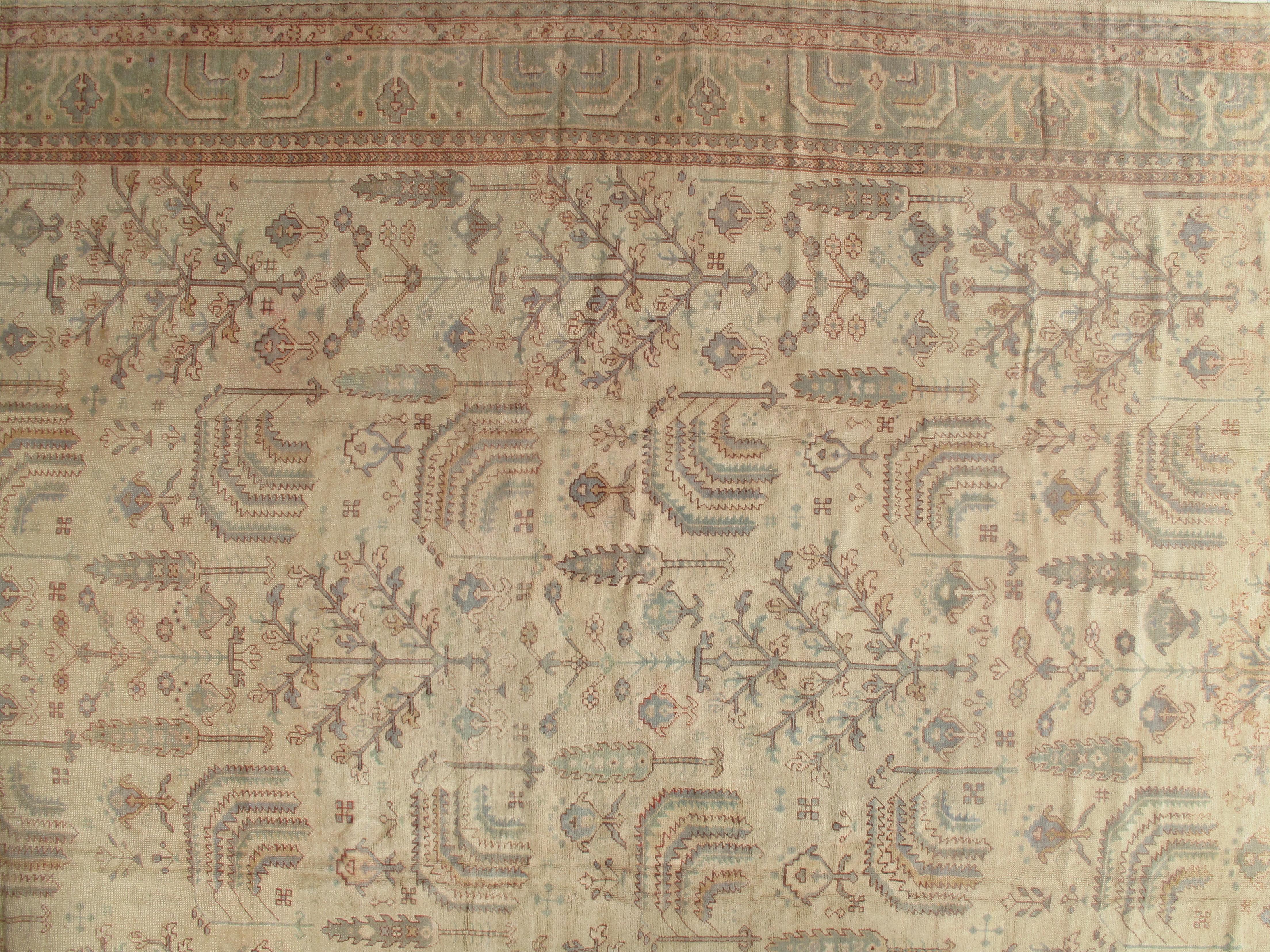 Wool Antique Oushak Carpet, Handmade Oriental Rug Soft Taupe, Green, Beige, Pale Blue For Sale