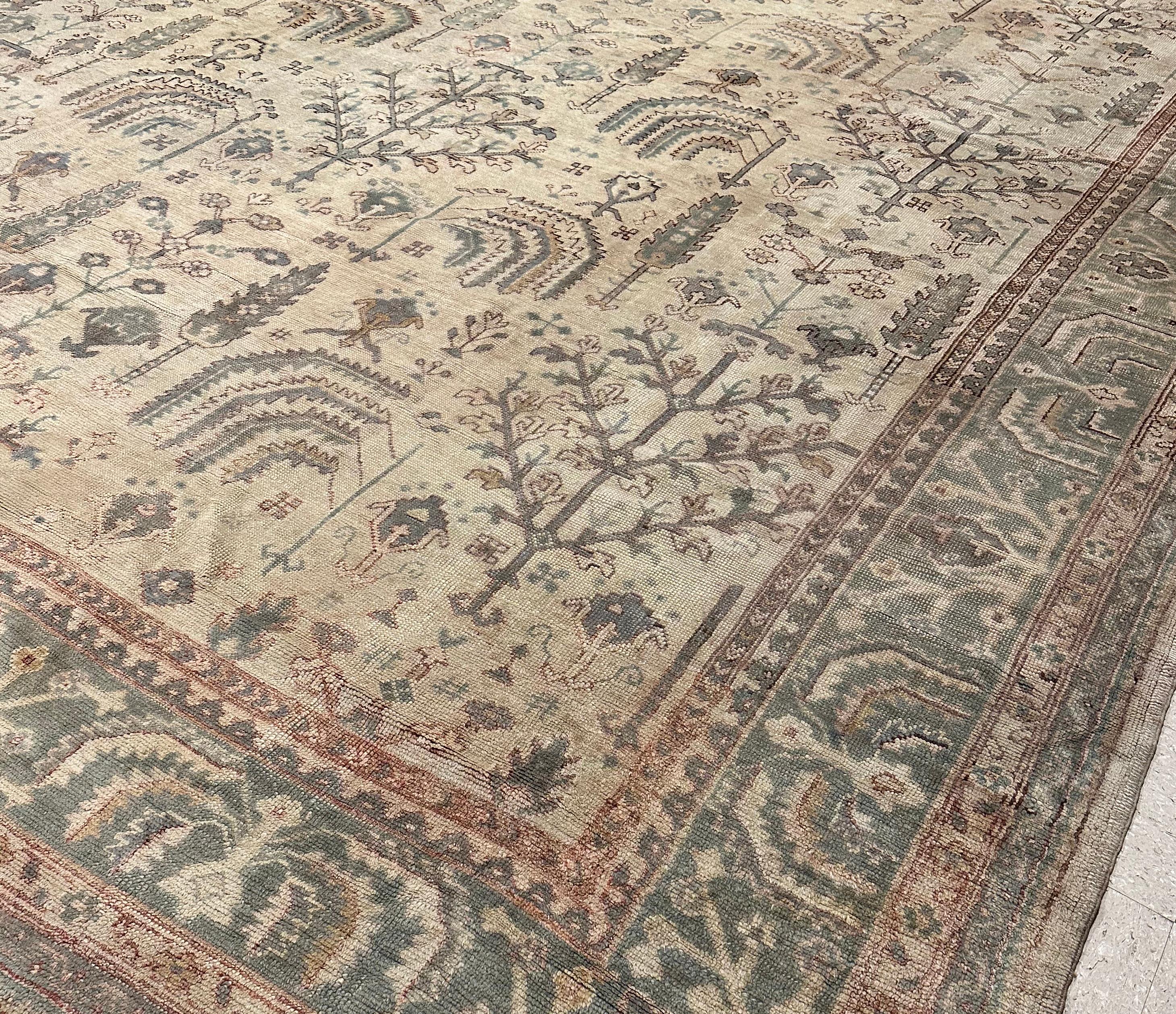 Antique Oushak Carpet, Handmade Oriental Rug Soft Taupe, Green, Beige, Pale Blue For Sale 1