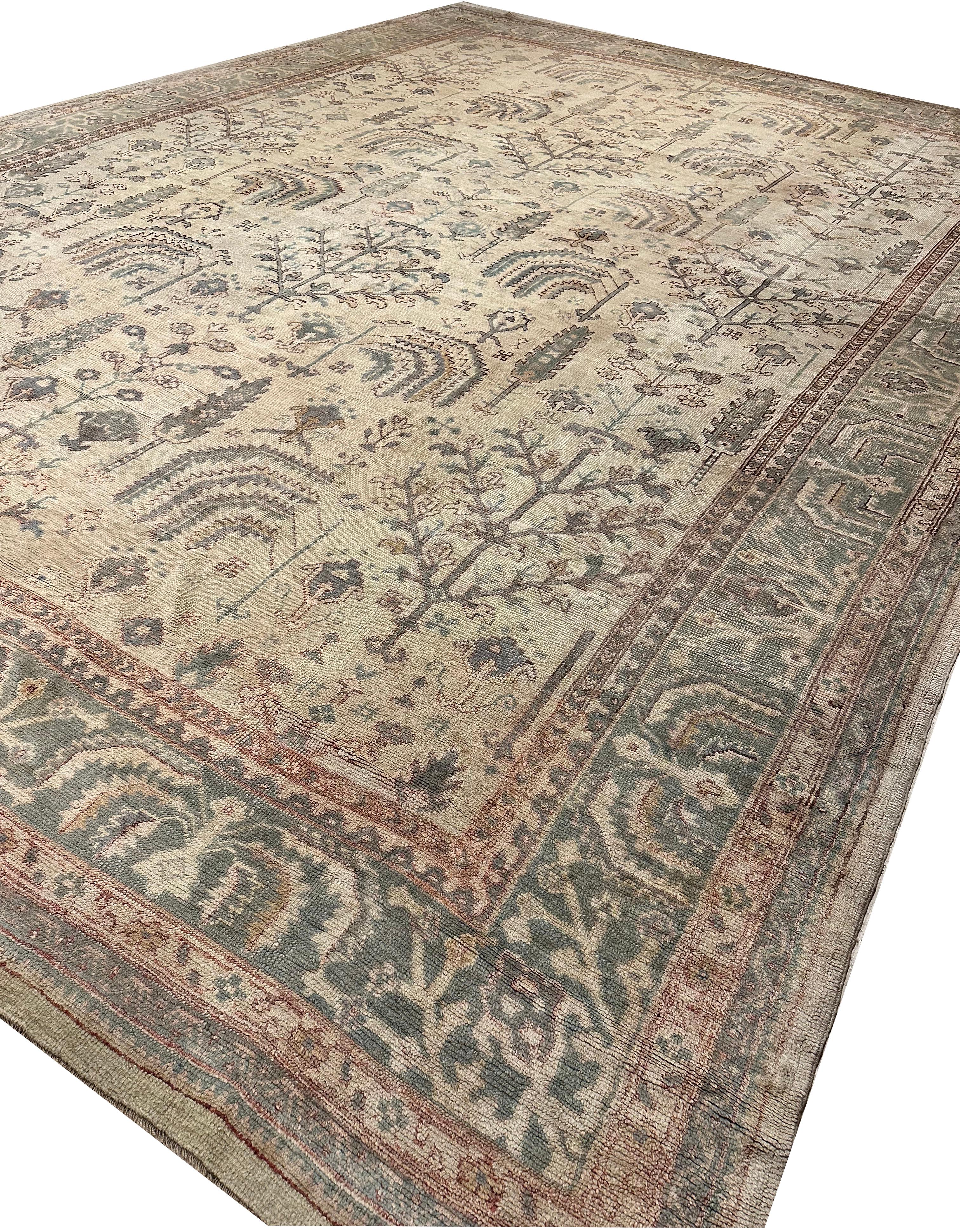 Antique Oushak Carpet, Handmade Oriental Rug Soft Taupe, Green, Beige, Pale Blue For Sale 2