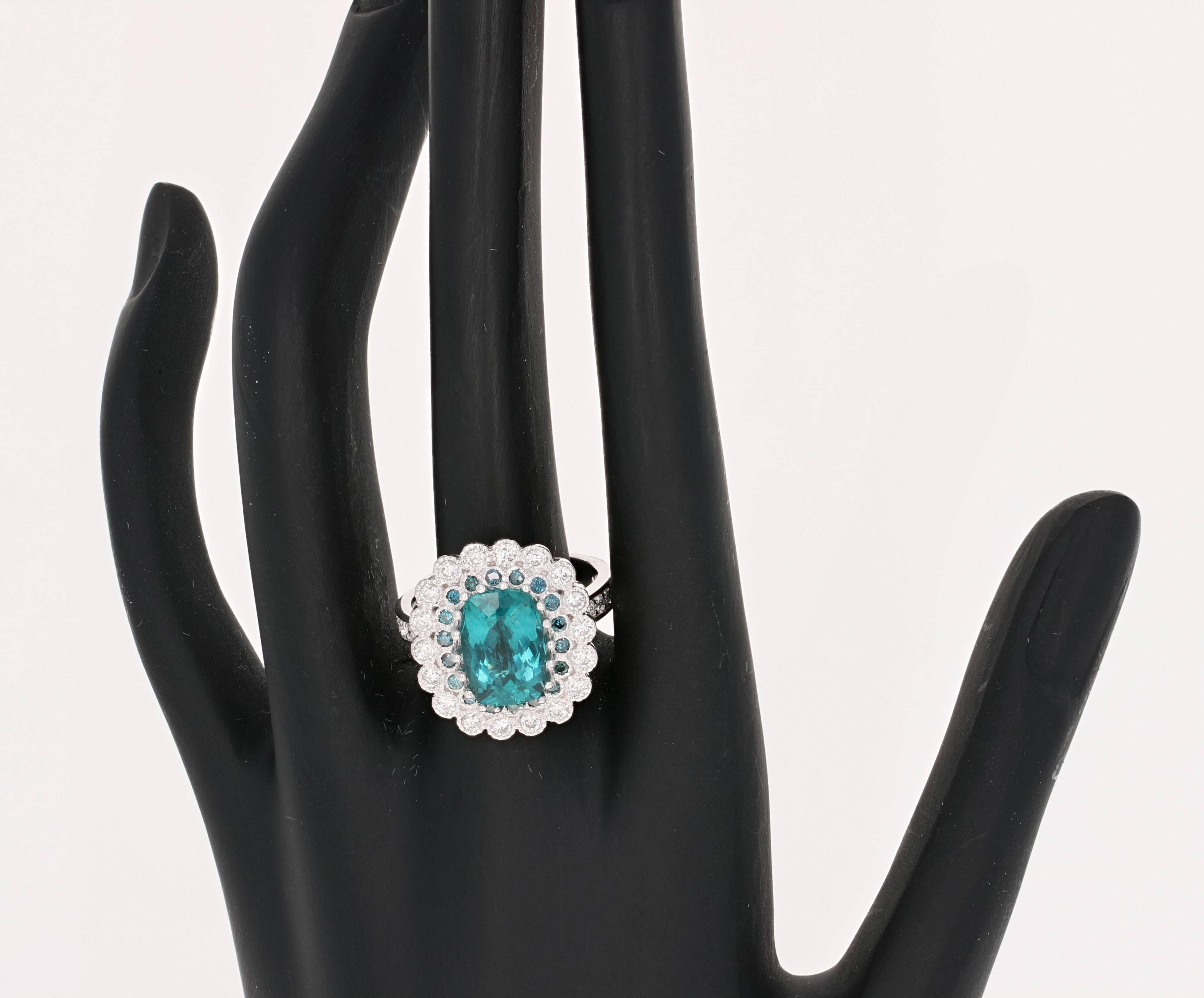 Cushion Cut 4.95 Carat Apatite Blue Diamond White Gold Cocktail Ring