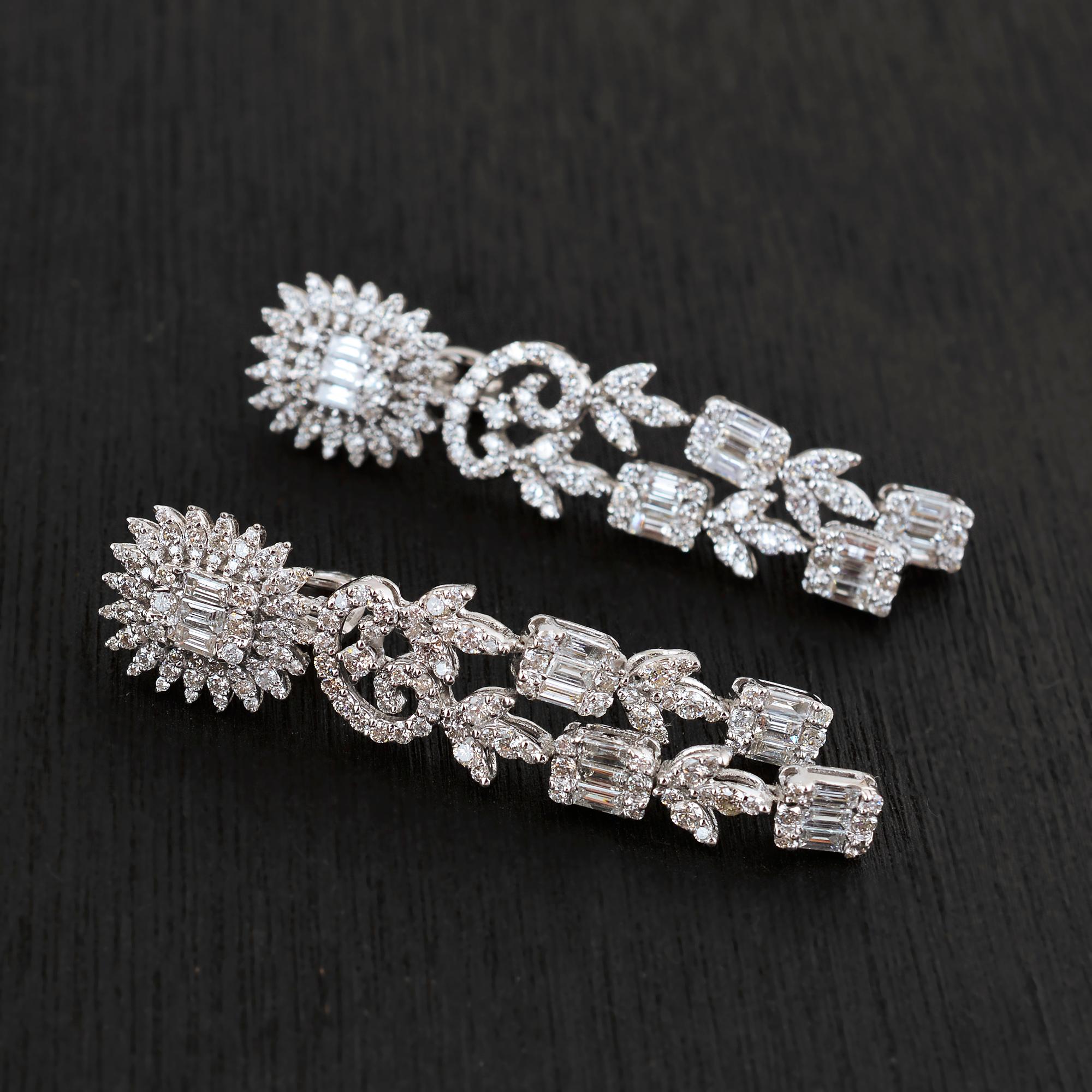 Modern 4.95 Carat Baguette Diamond Dangle Earrings 18 Karat White Gold Handmade Jewelry For Sale