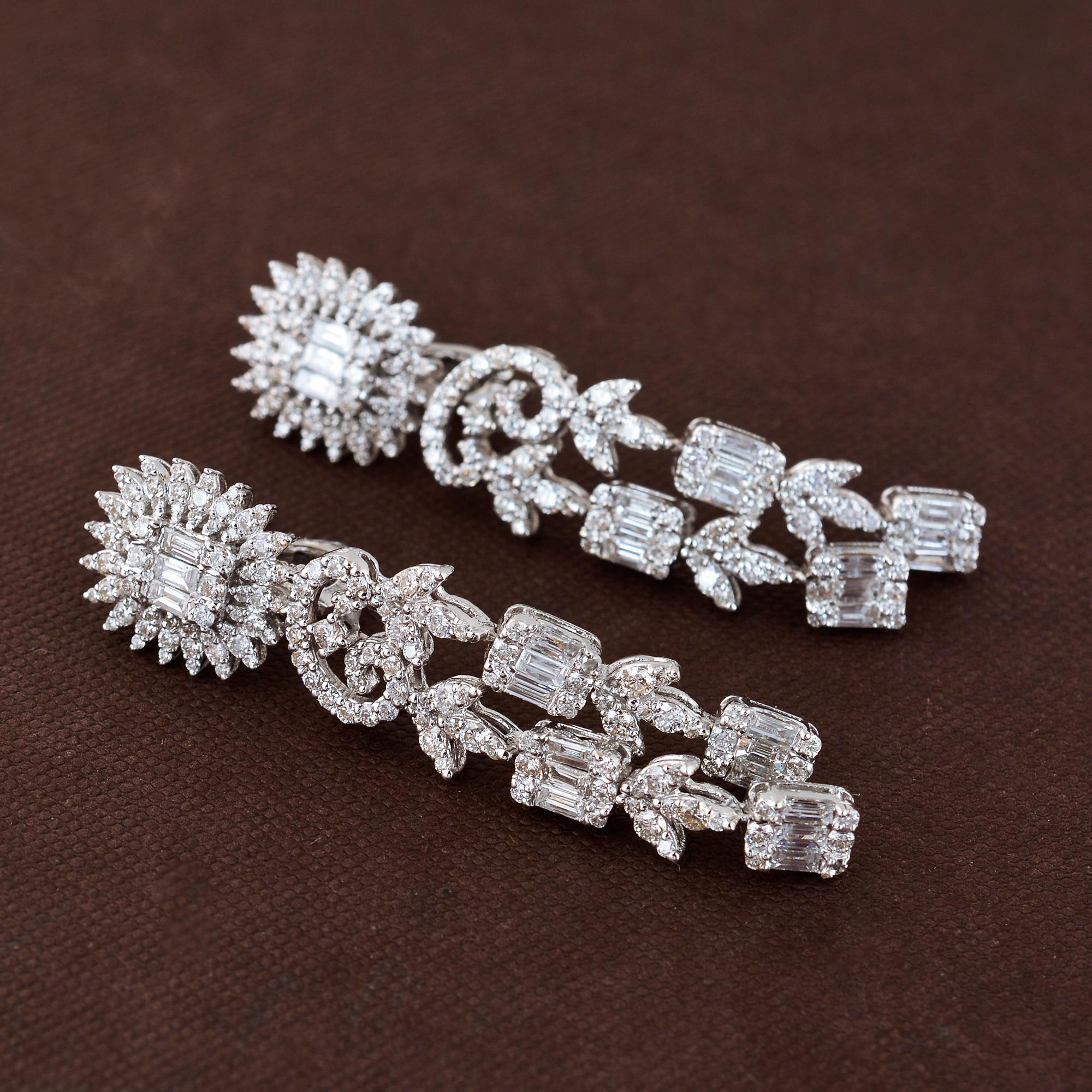 Baguette Cut 4.95 Carat Baguette Diamond Dangle Earrings 18 Karat White Gold Handmade Jewelry For Sale