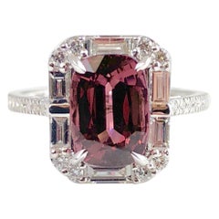 4.95 Carat Cushion Cut Raspberry Garnet and 1.19 Carat Diamond Cluster Ring