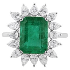 Zambian Emerald and Diamond Halo Ring, 4.95 Carat Emerald, 18K White Gold