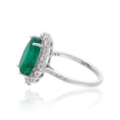 4.95 Carat Oval Emerald Gemstone Diamond Pave 18 Karat White Gold Cocktail Ring