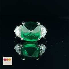 4.95 Carat GRS Certified Emerald Sugarloaf and White Diamond Three-Stone Ring