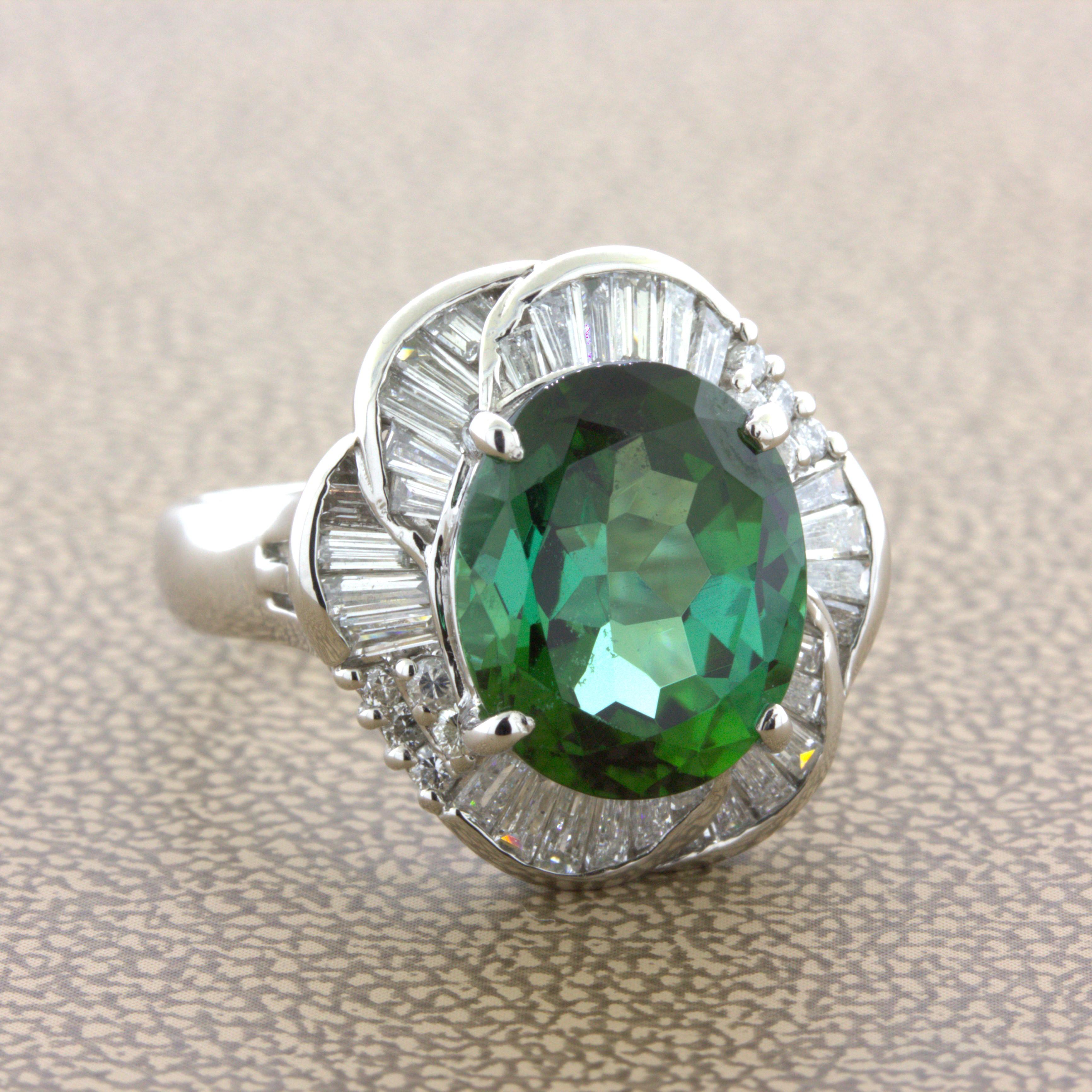 4.95 Carat Indicolite Tourmaline Diamond Platinum Spiral Ring In New Condition For Sale In Beverly Hills, CA