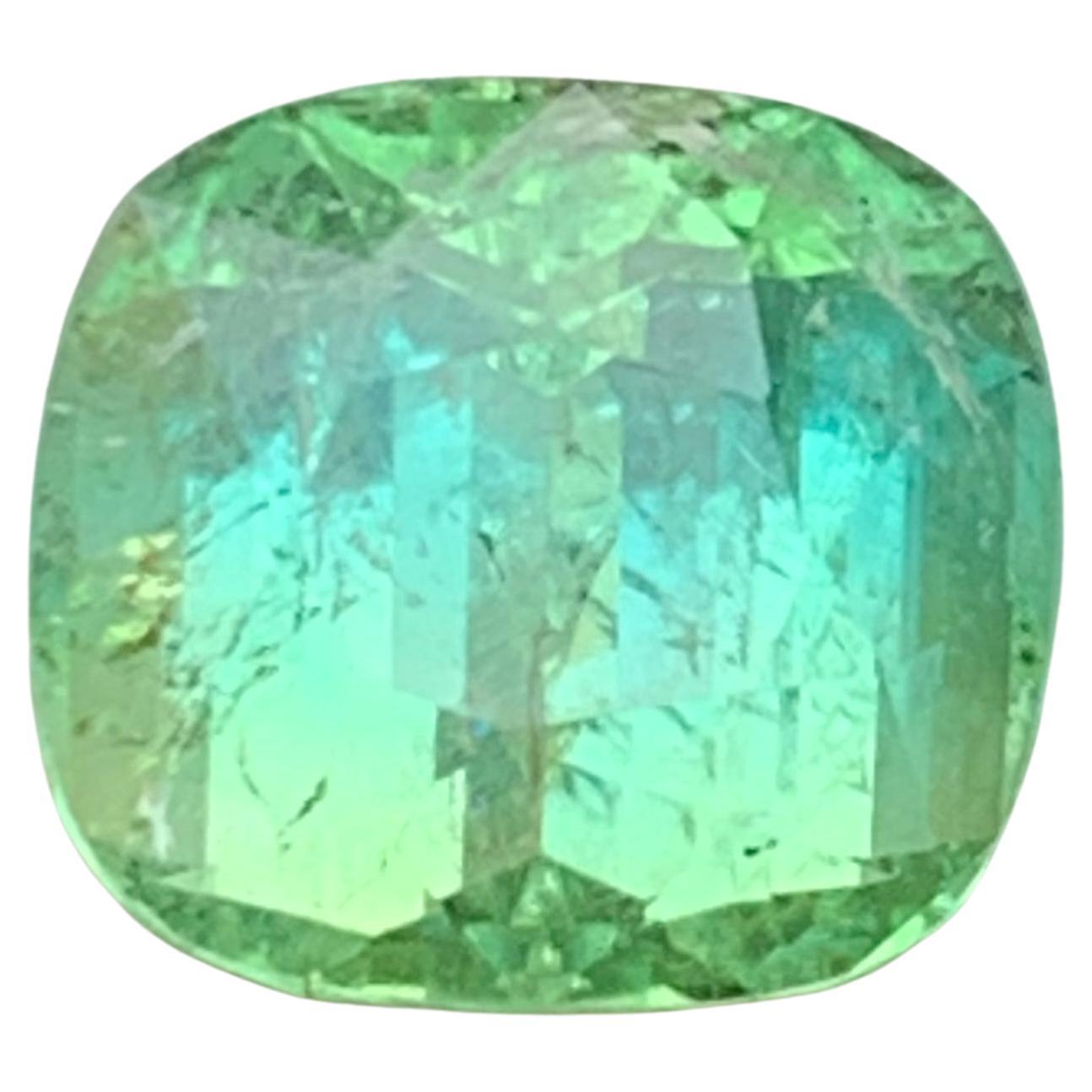 4.95 Carat Light Neon Green Natural Tourmaline Cushion Cut Loose Gemstone For Sale
