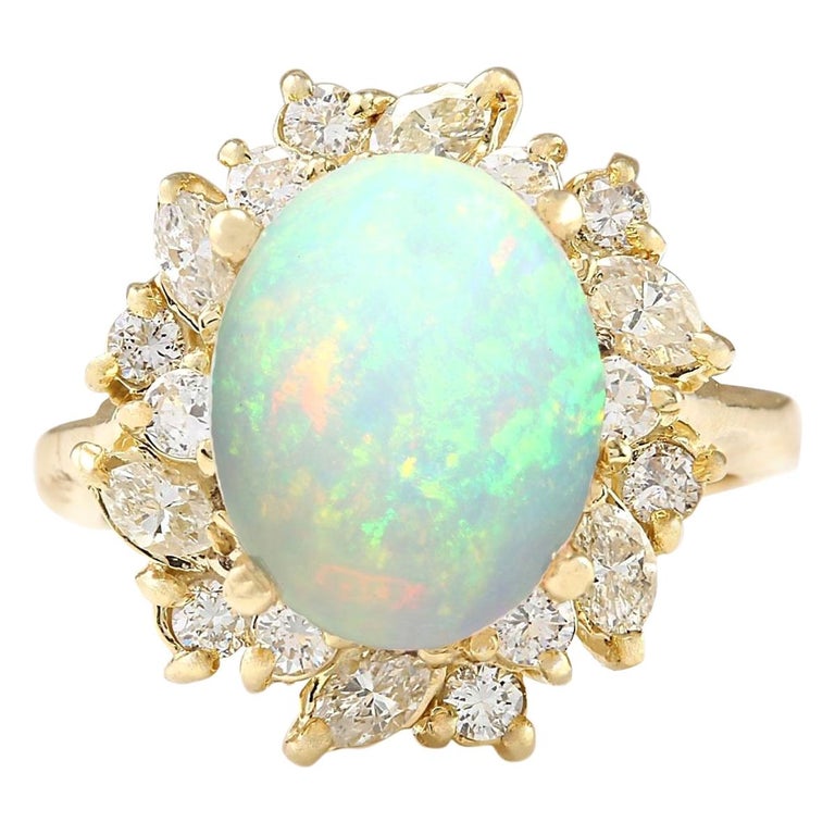 4.95 Carat Natural Opal 18 Karat Yellow Gold Diamond Ring For Sale