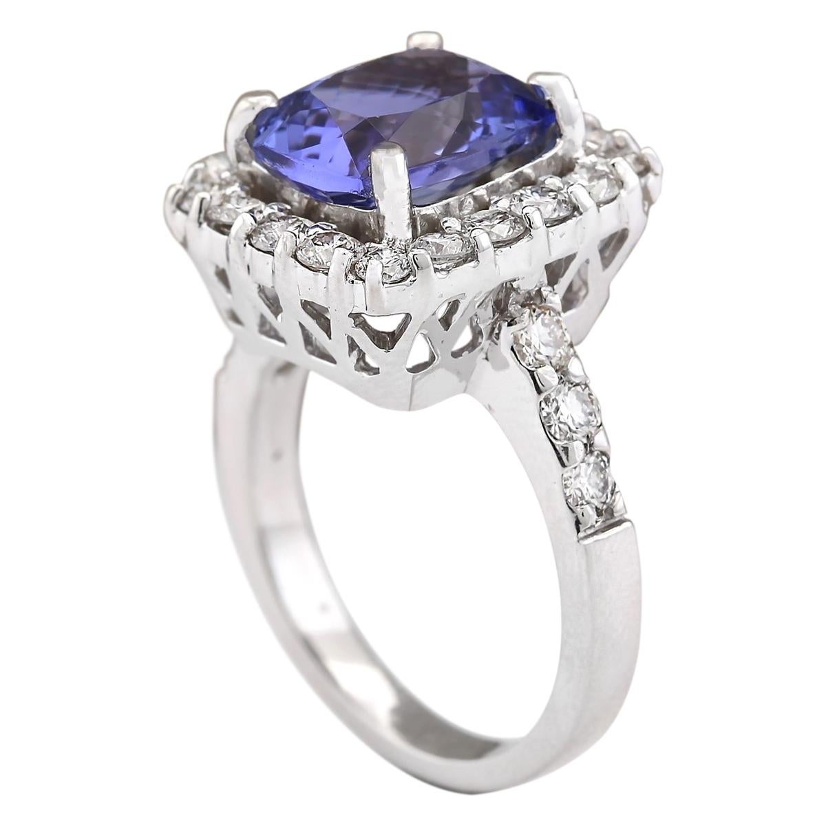 Cushion Cut Natural Tanzanite Diamond Ring In 14 Karat White Gold  For Sale