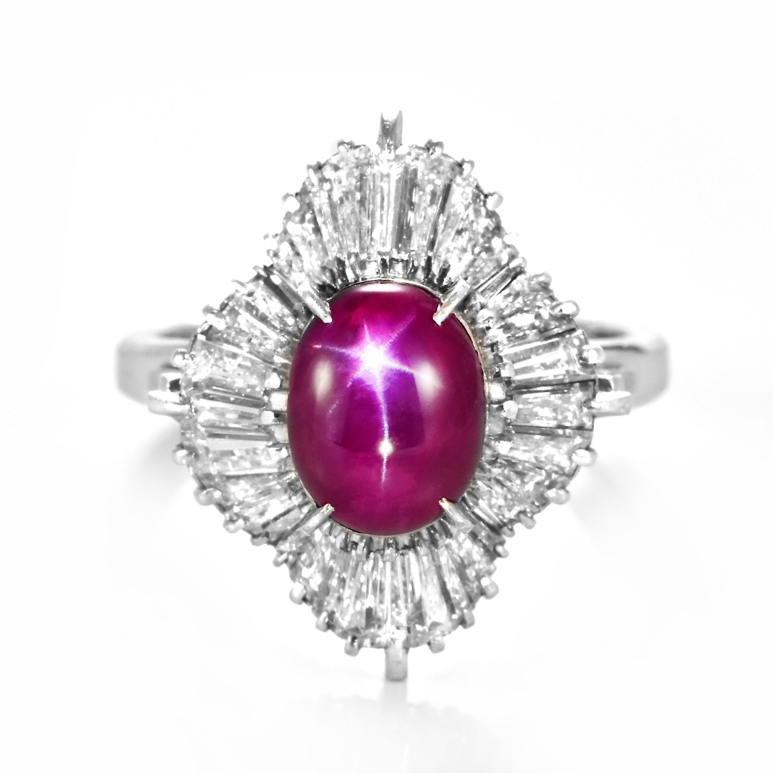 Modern 4.95 Carat Natural Untreated Burmese Star Ruby and Diamond Ring Made in Platinum For Sale