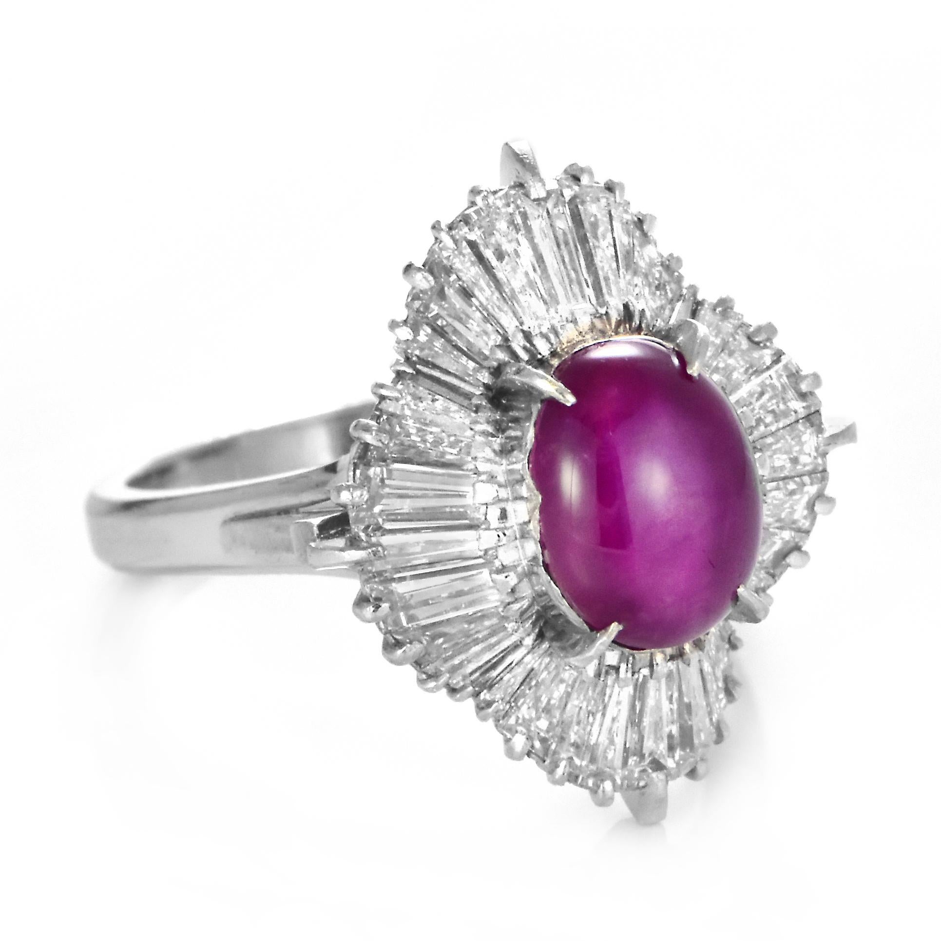 Cabochon 4.95 Carat Natural Untreated Burmese Star Ruby and Diamond Ring Made in Platinum For Sale