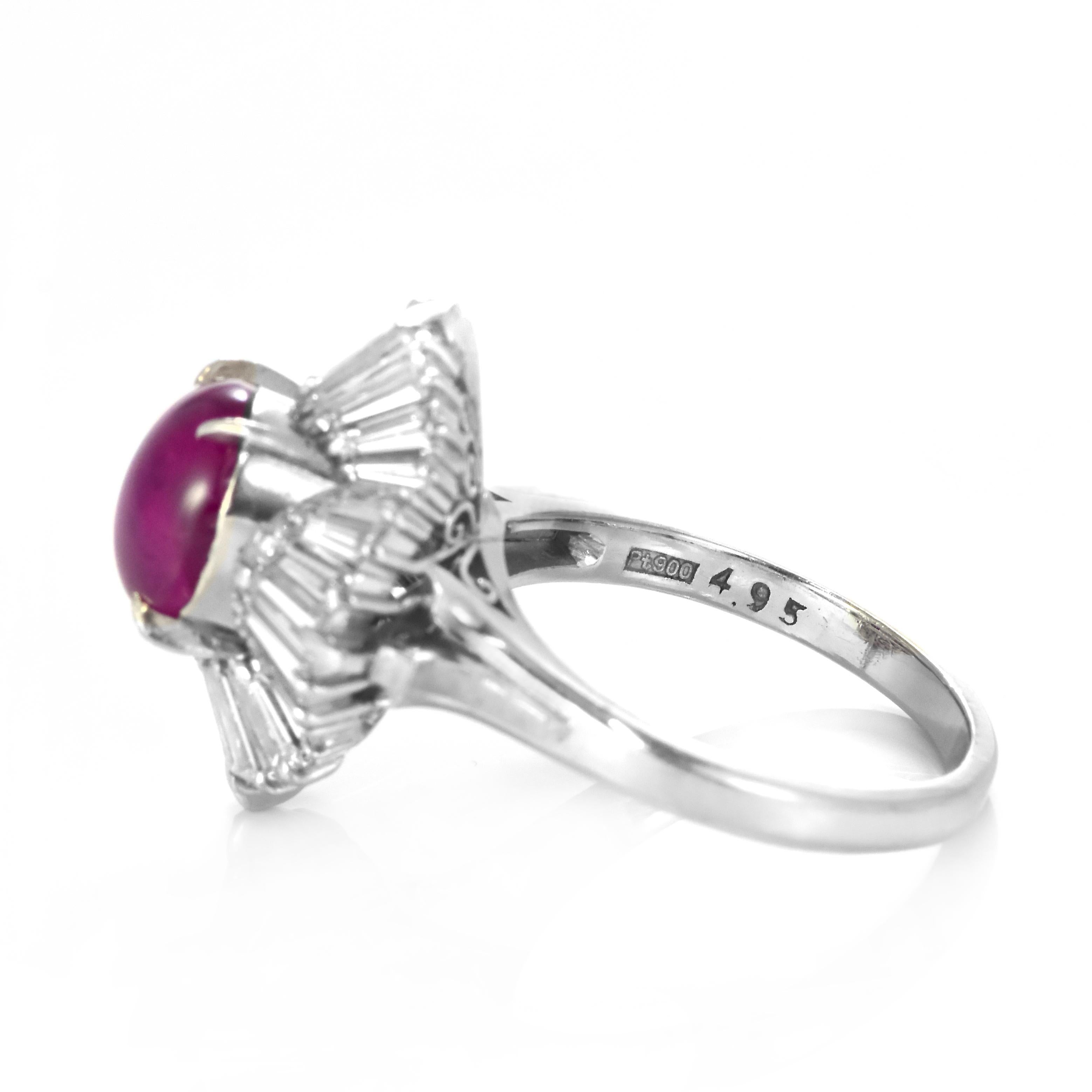 4.95 Carat Natural Untreated Burmese Star Ruby and Diamond Ring Made in Platinum For Sale 2