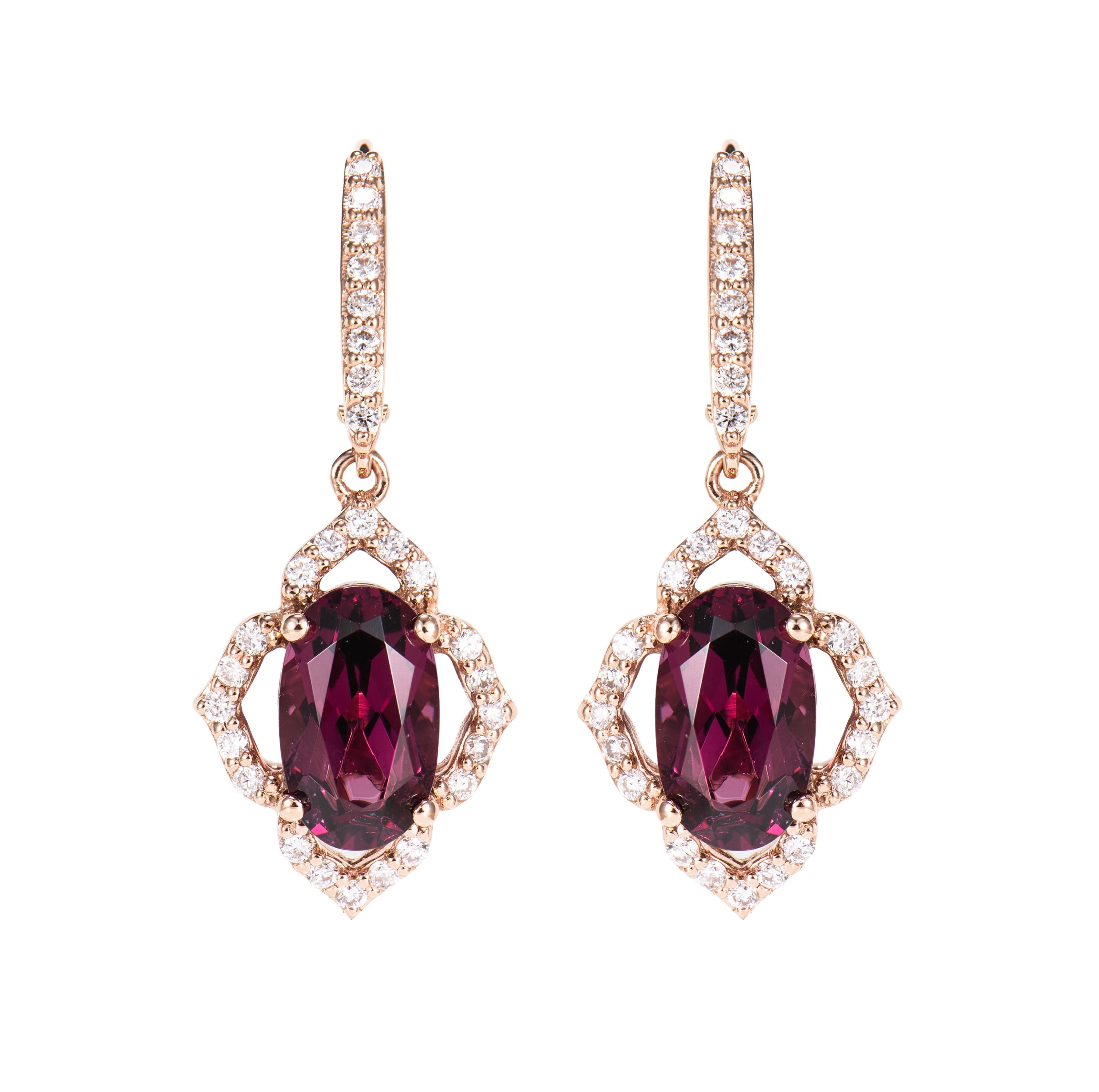 Contemporary 4.95 Carat Rhodolite Drop Earring in 18Karat Rose Gold with White Diamond For Sale