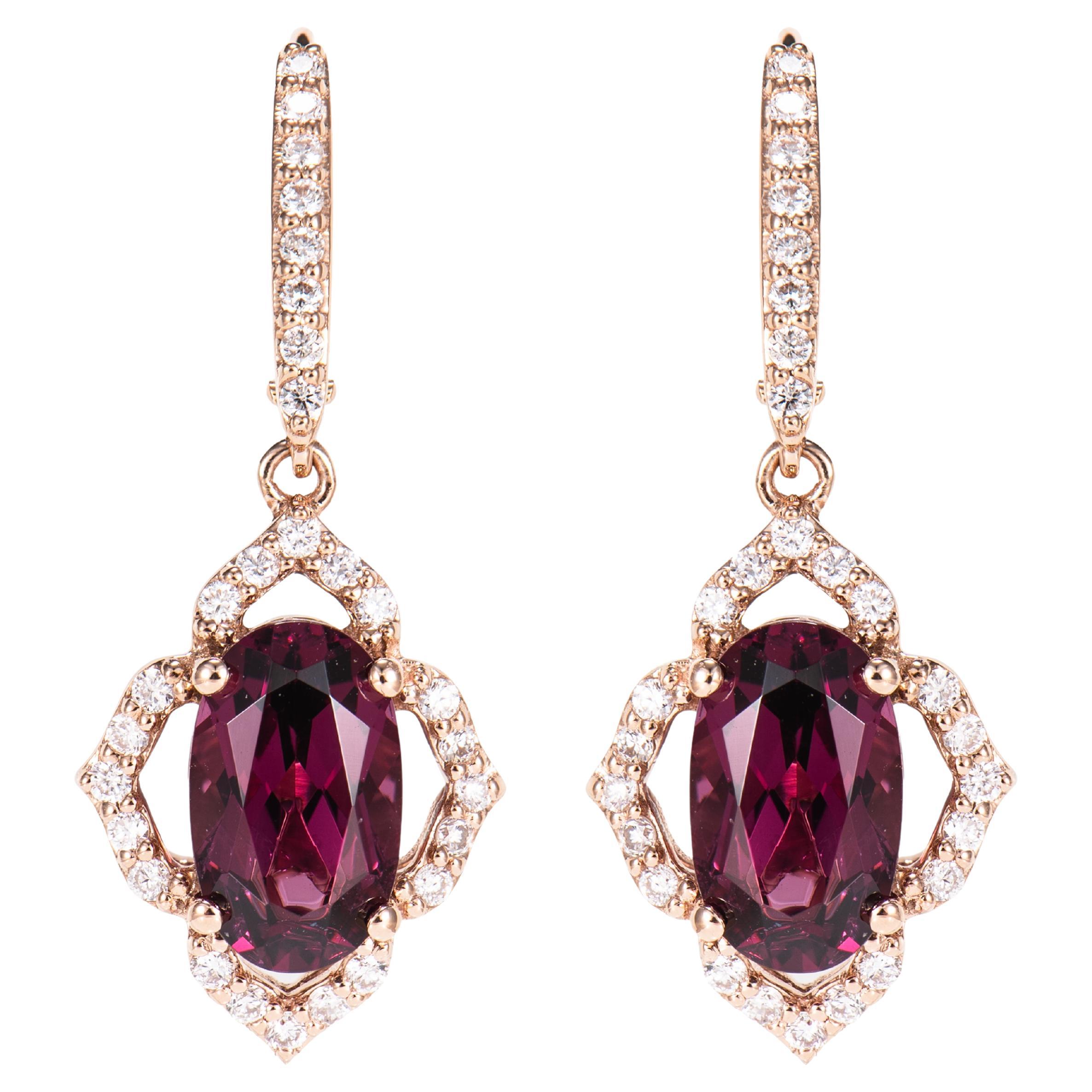 Boucles d'oreilles en goutte en or rose 18 carats et rhodolite de 4,95 carats avec diamants blancs