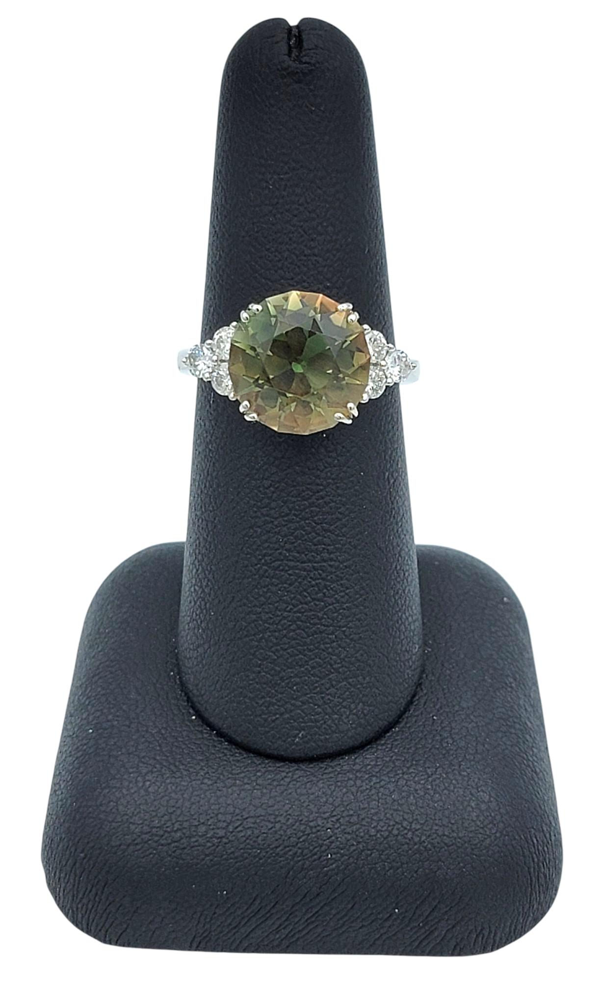 4.95 Carat Round Natural Green Amethyst Ring with Diamonds 14 Karat White Gold For Sale 5