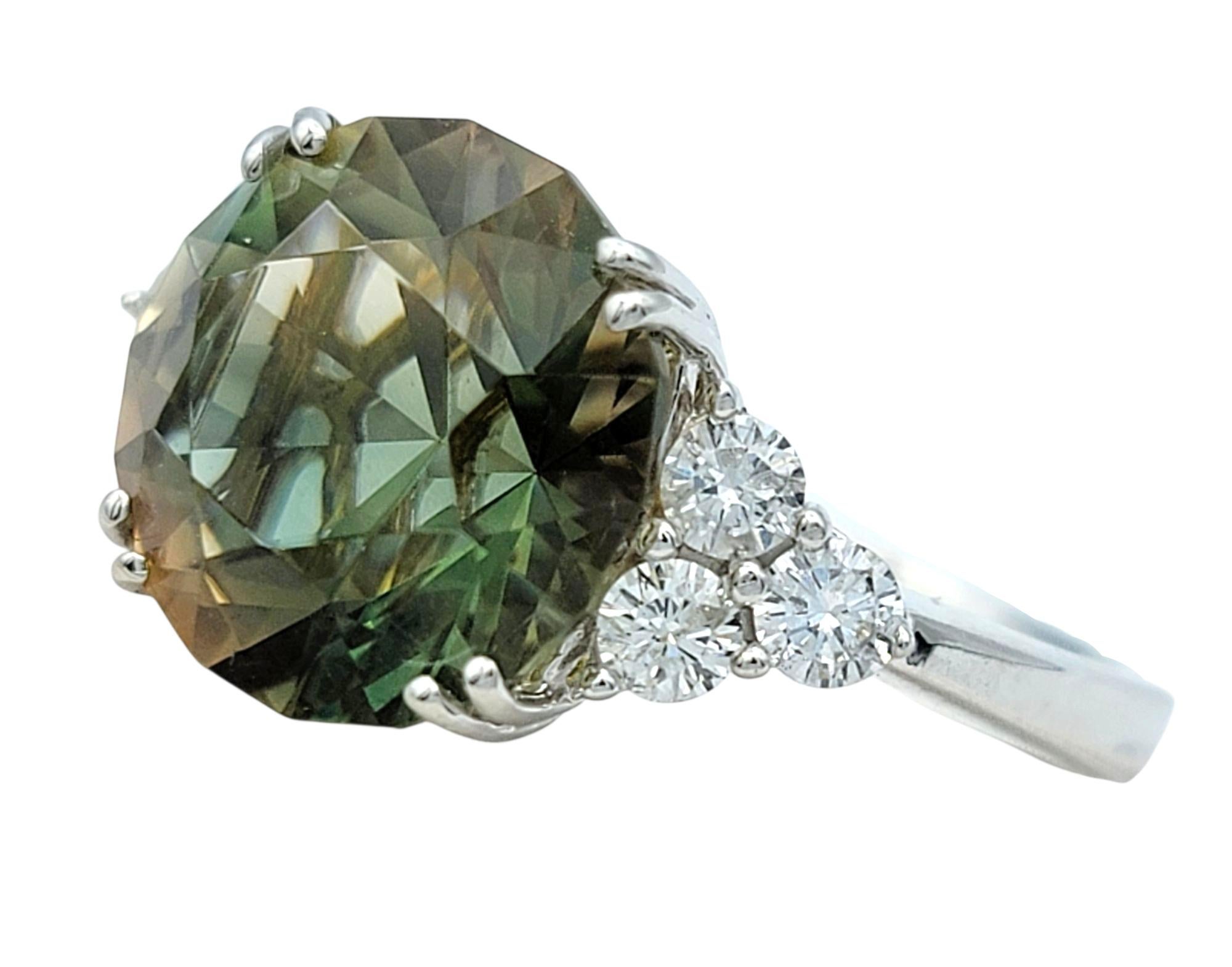 Ring Size: 7.25

This luminous ring features a striking round cut natural green amethyst at its center. The vivid green hue of the gemstone offers a cool, serene tone, beautifully contrasted by the brightness of the white gold setting. On either