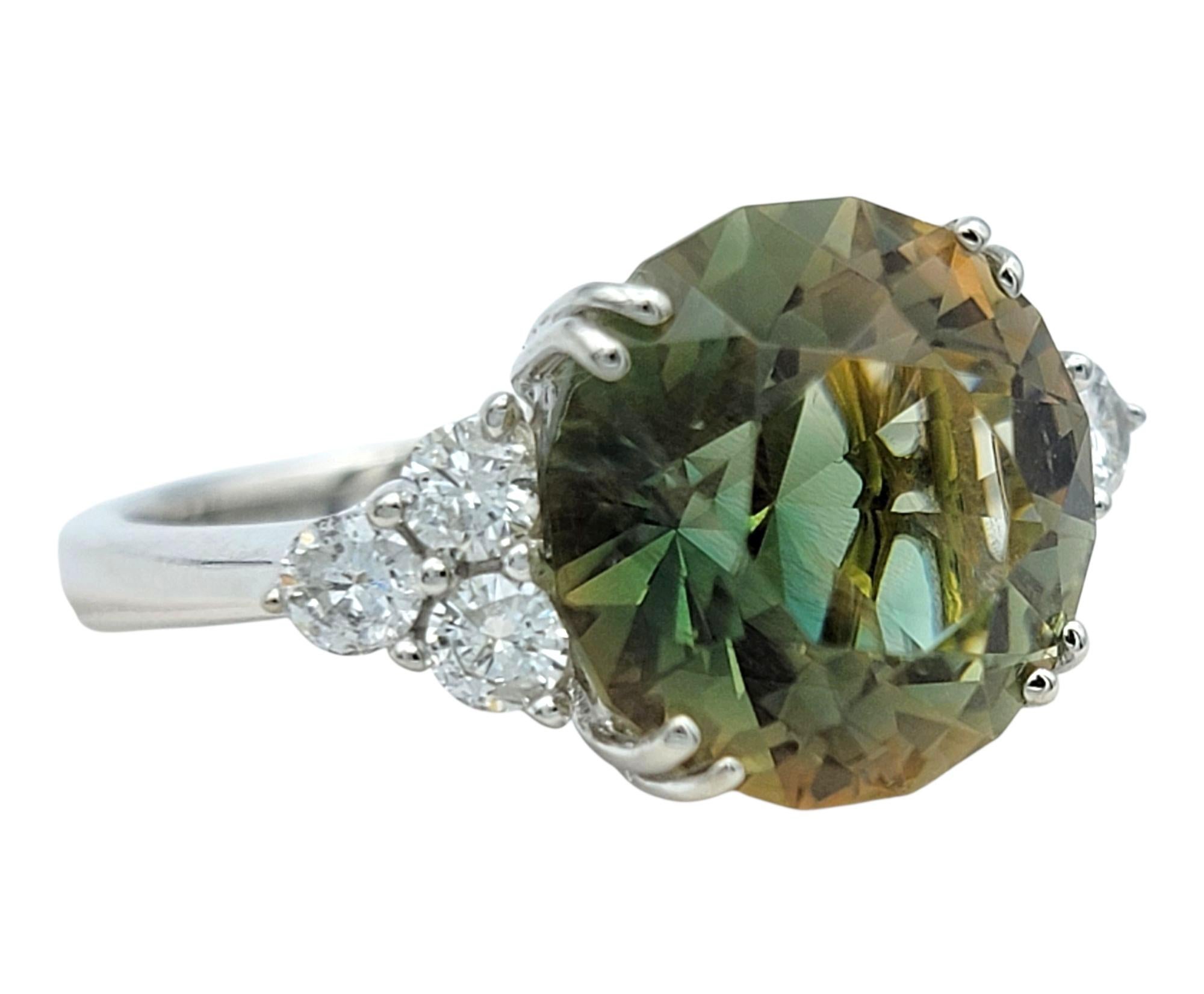 Contemporary 4.95 Carat Round Natural Green Amethyst Ring with Diamonds 14 Karat White Gold For Sale
