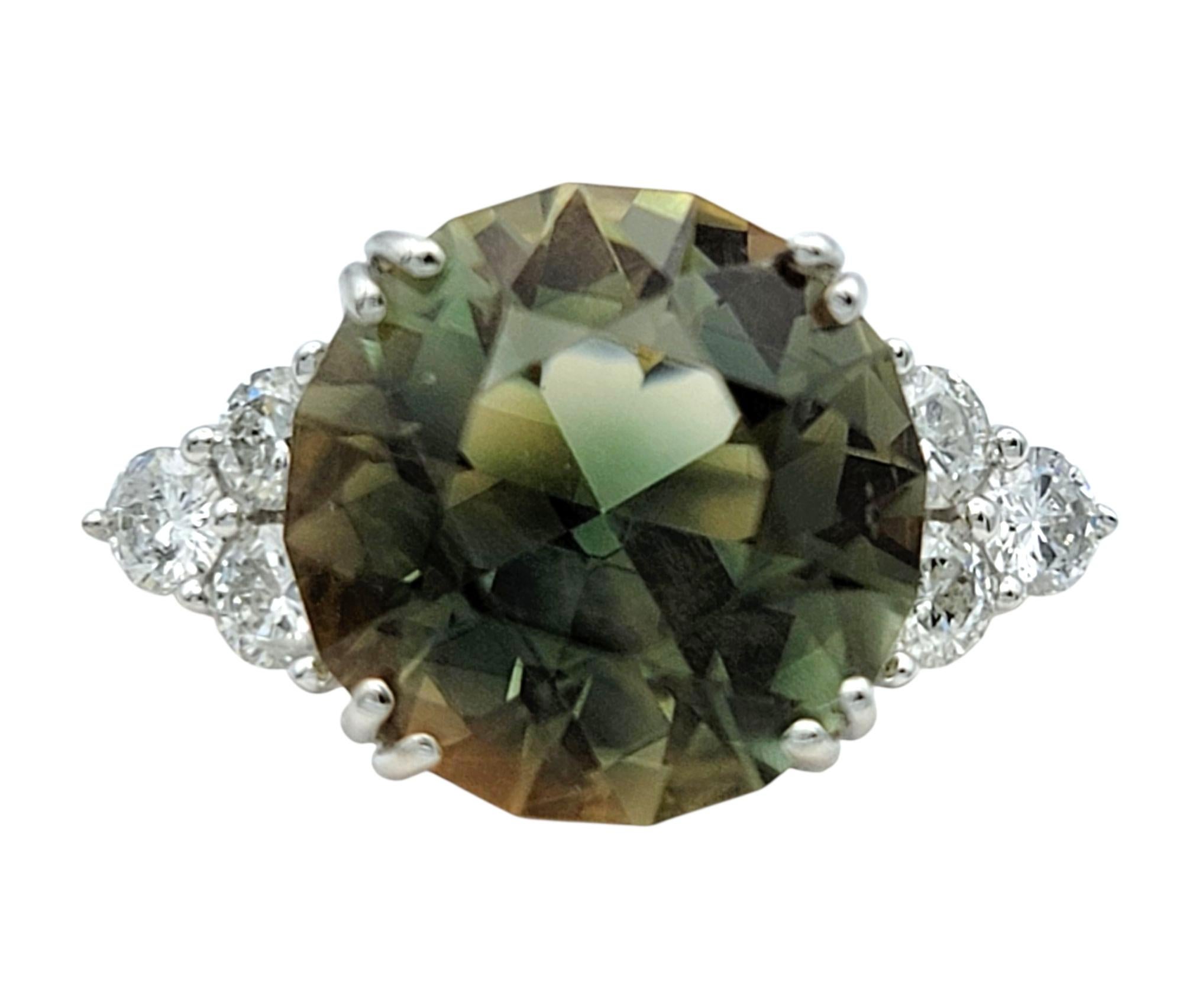 Round Cut 4.95 Carat Round Natural Green Amethyst Ring with Diamonds 14 Karat White Gold For Sale