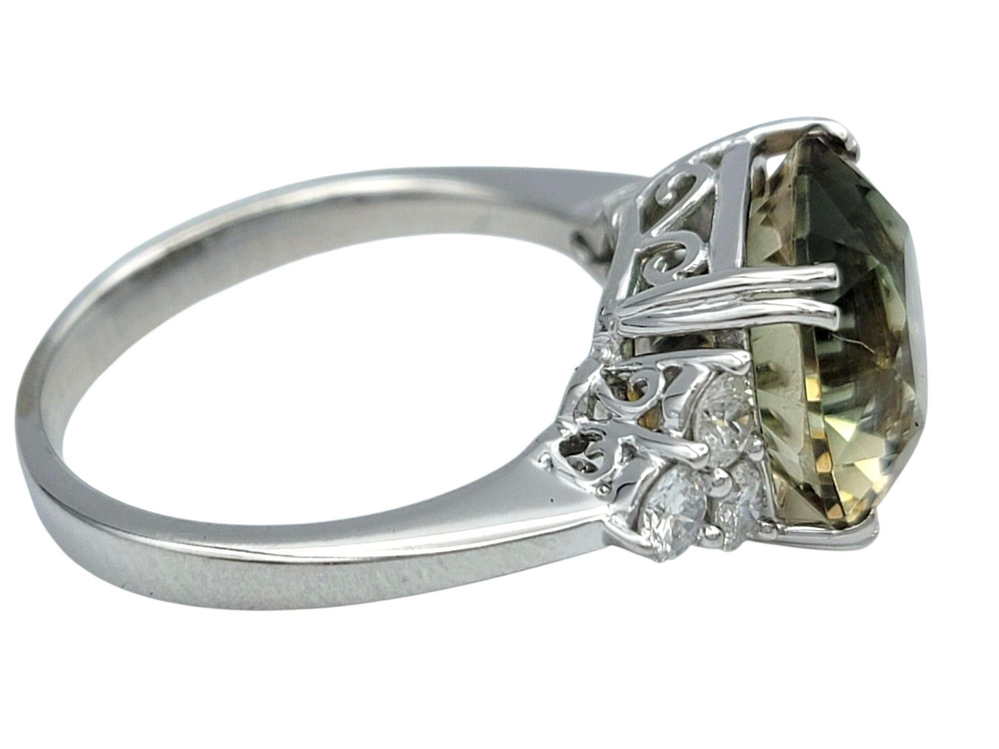 Women's 4.95 Carat Round Natural Green Amethyst Ring with Diamonds 14 Karat White Gold For Sale