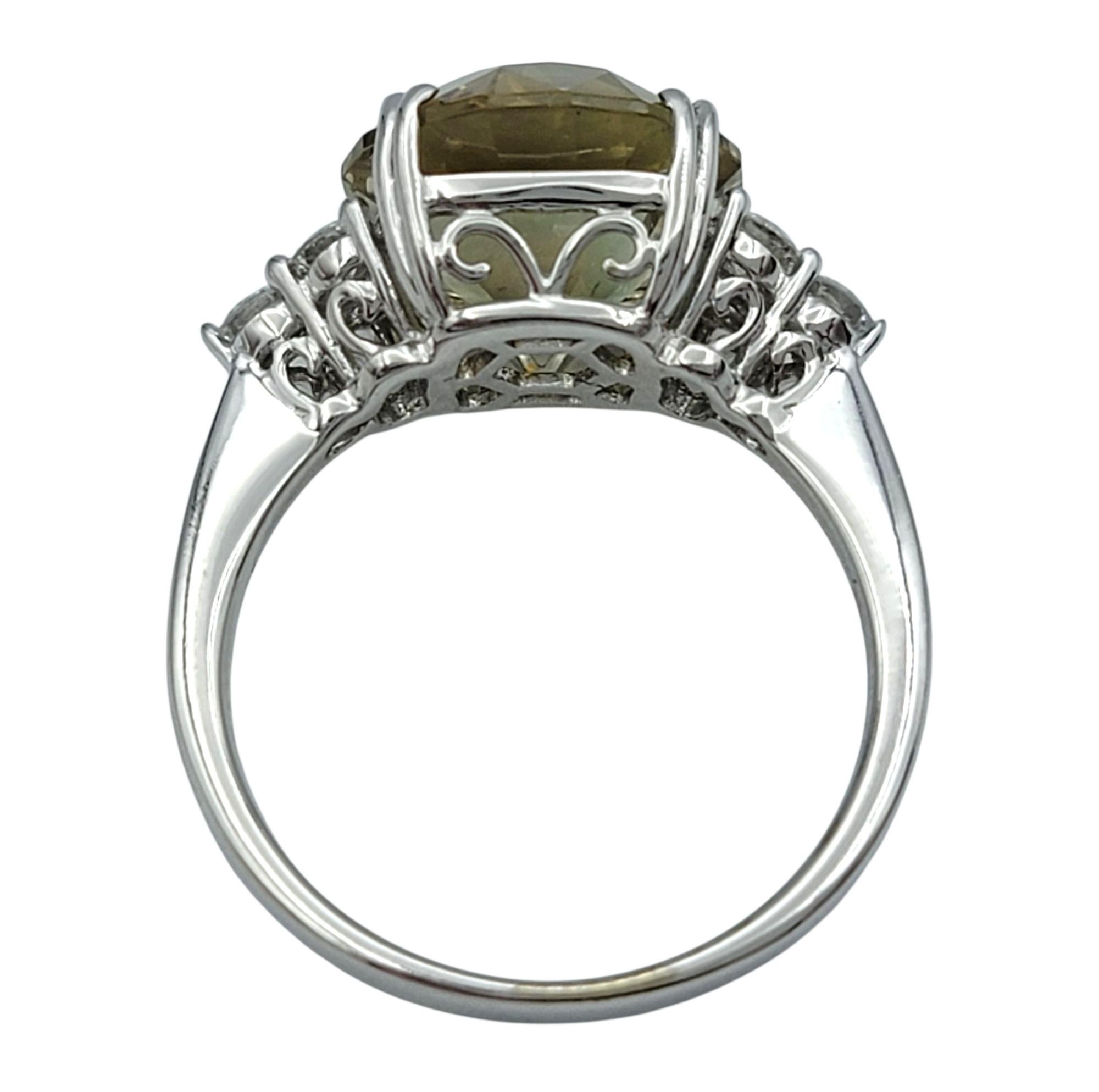 4.95 Carat Round Natural Green Amethyst Ring with Diamonds 14 Karat White Gold For Sale 2