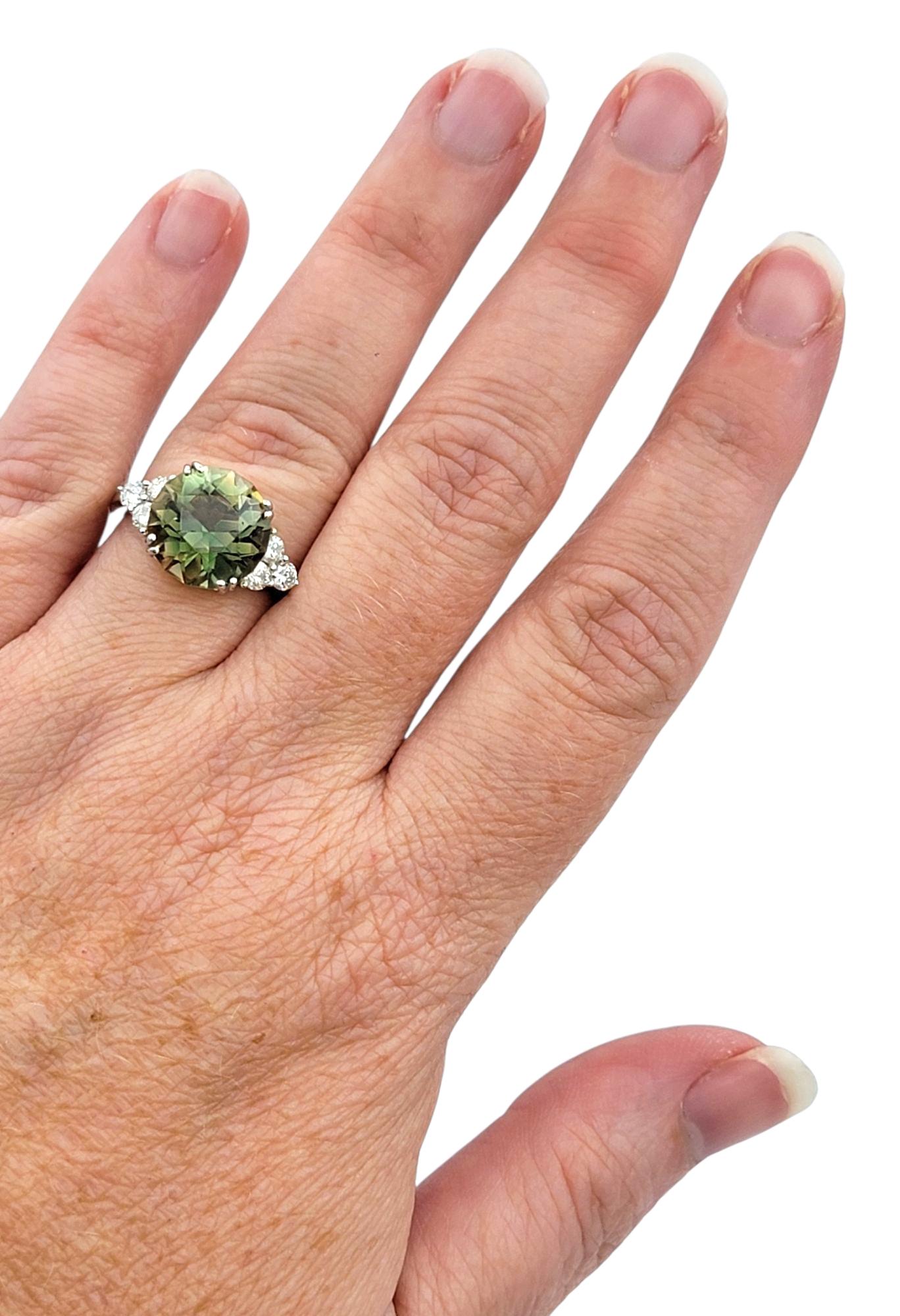 4.95 Carat Round Natural Green Amethyst Ring with Diamonds 14 Karat White Gold For Sale 3