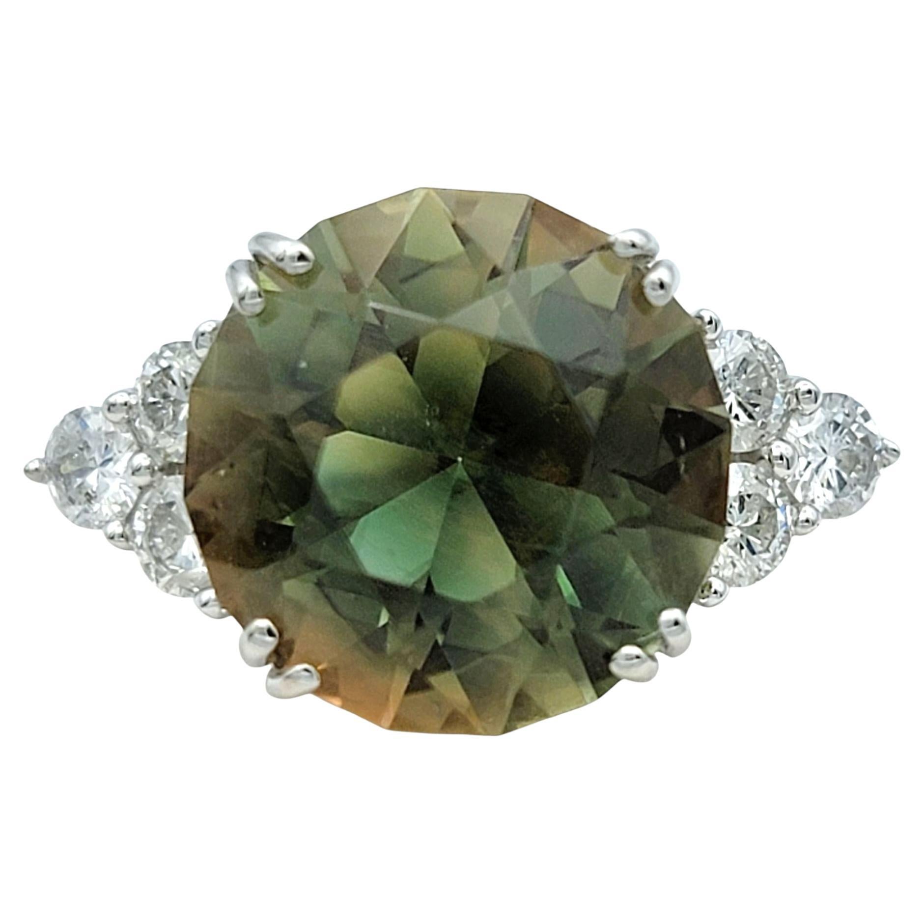 4.95 Carat Round Natural Green Amethyst Ring with Diamonds 14 Karat White Gold For Sale