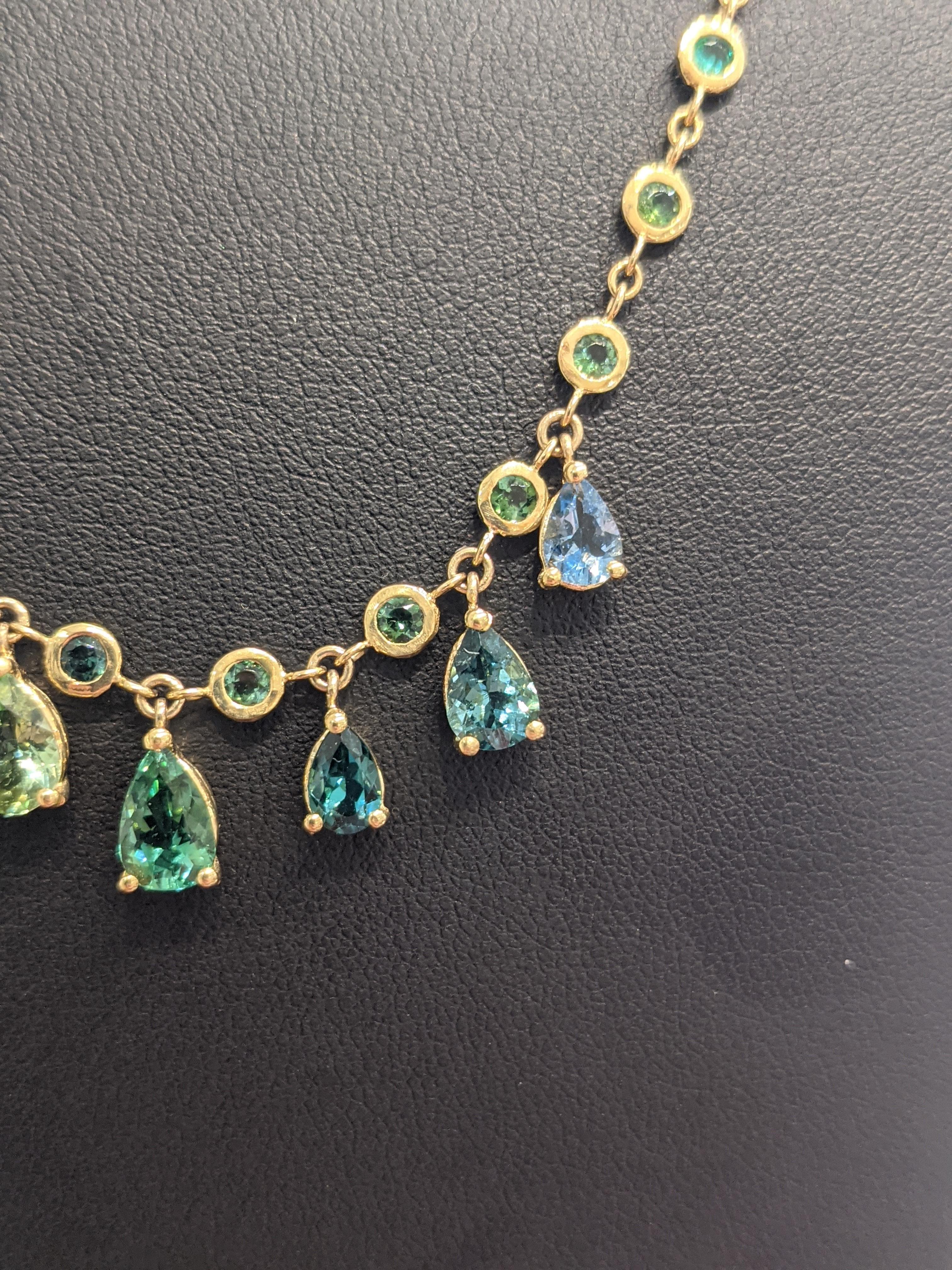 Art Deco 4.95 carat Sapphire Emerald Aquamarine Tourmaline necklace 18k yellow gold For Sale