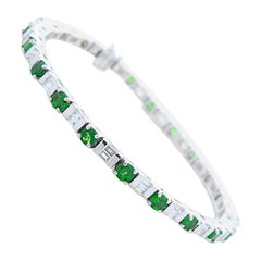 4.95 Carat Total Round Tsavorite and Baguette Diamond White Gold Bracelet