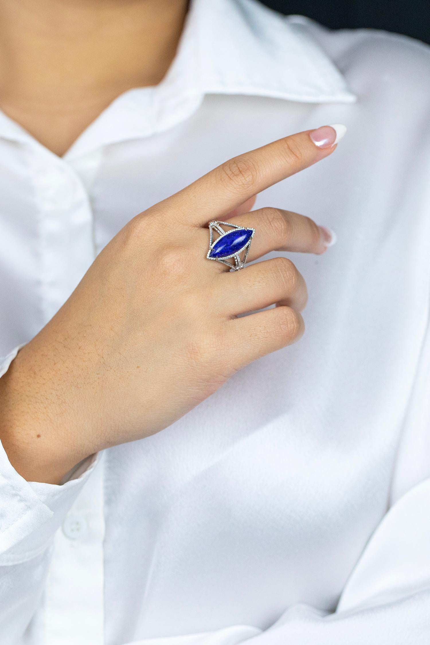 Roman Malakov 4.95 Carats Marquise Cut Lapis Lazuli & Diamond Fashion Ring In New Condition For Sale In New York, NY
