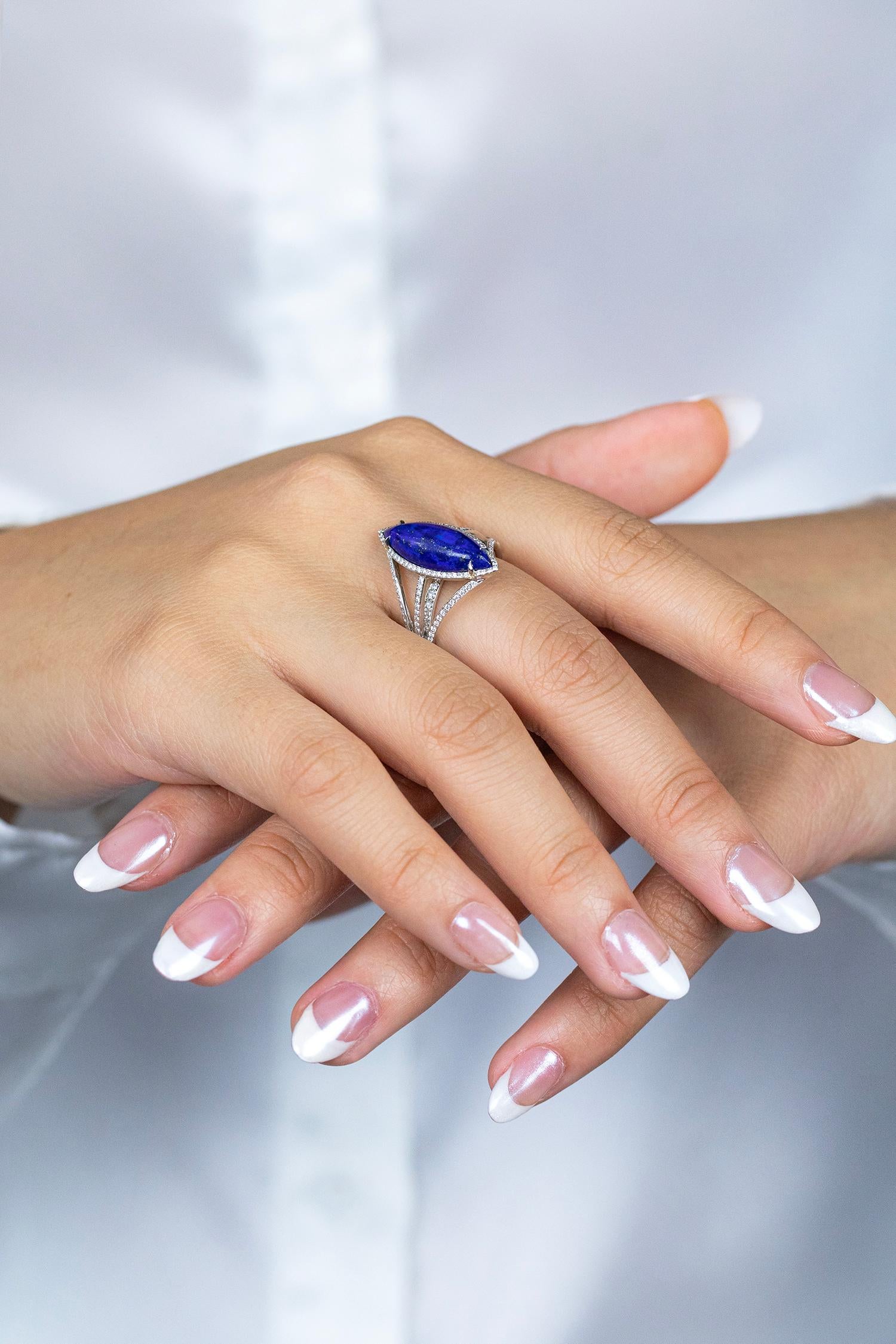 Women's Roman Malakov 4.95 Carats Marquise Cut Lapis Lazuli & Diamond Fashion Ring For Sale