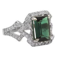 Anillo de oro blanco macizo de 14 quilates con turmalina verde natural y diamante de 4,95 quilates