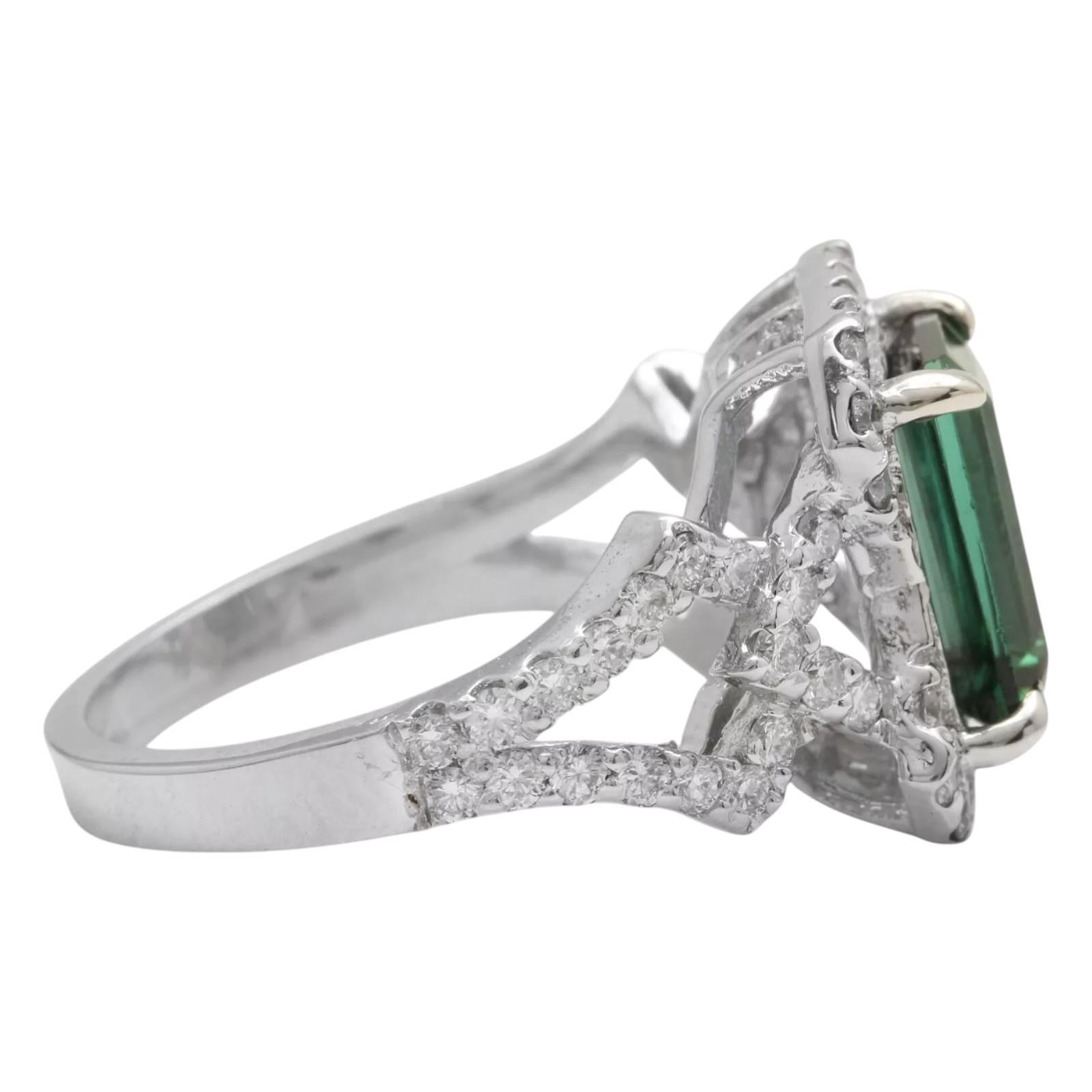 Mixed Cut 4.95 Carats Natural Green Tourmaline and Diamond 14K Solid White Gold Ring For Sale