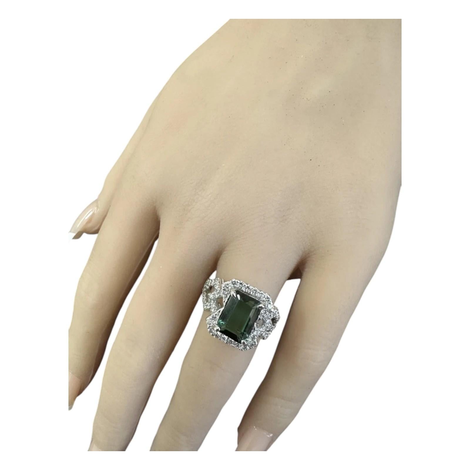 4.95 Carats Natural Green Tourmaline and Diamond 14K Solid White Gold Ring For Sale 1
